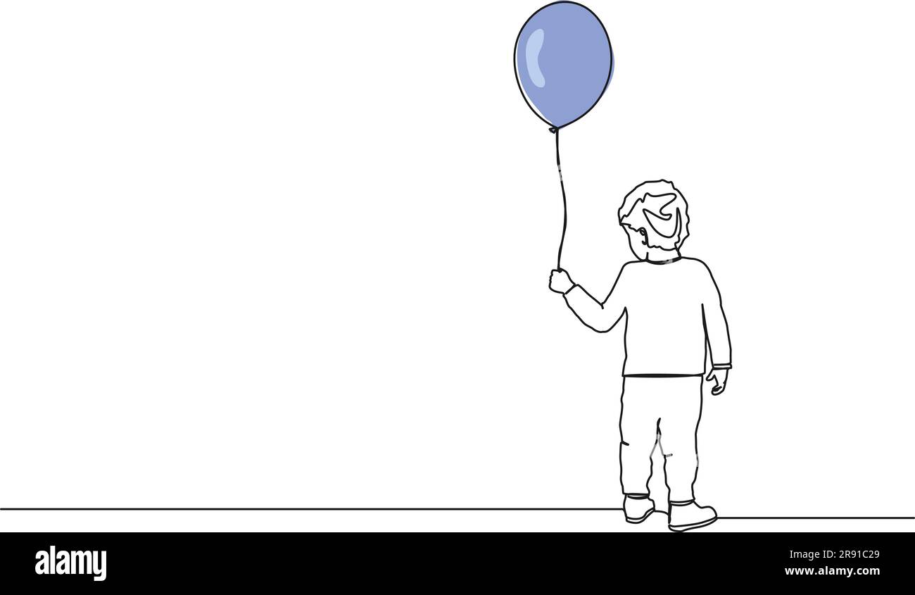 disegno continuo a linea singola di un bambino che regge un palloncino, illustrazione vettoriale line art Illustrazione Vettoriale