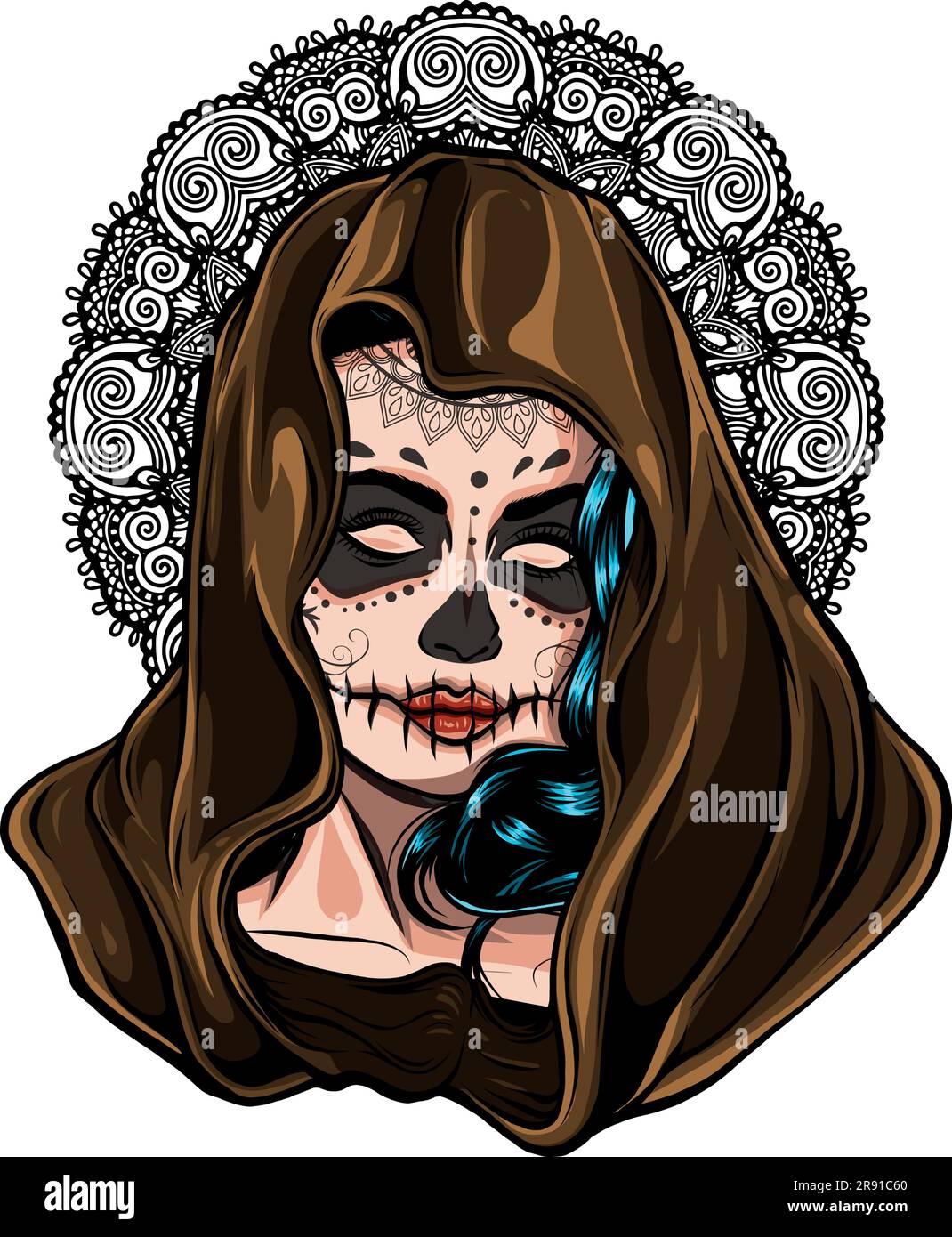 Illustrazione vettoriale di misteriosa ragazza donna in un avatar cappa. Illustrazione Vettoriale