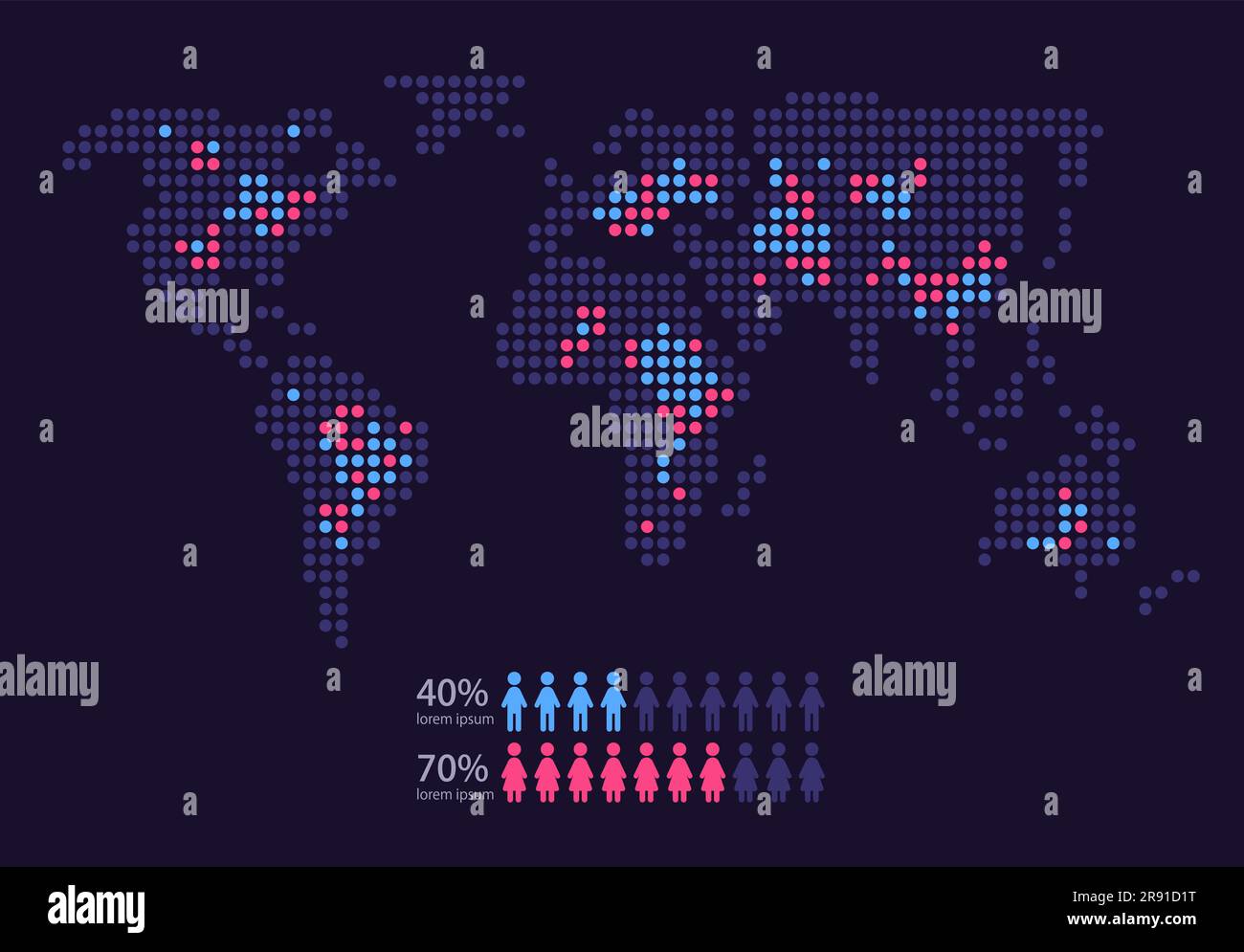 Mappa del mondo della società infografica modello grafico scuro tema Illustrazione Vettoriale