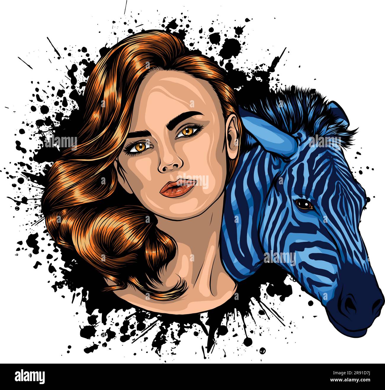 illustrazione vettoriale della testa di zebra e della ragazza Illustrazione Vettoriale