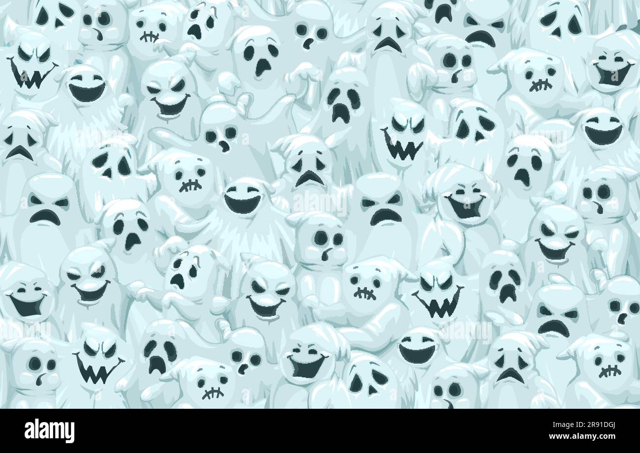 Schema fantasmi halloween dei cartoni animati. Sfondo vettoriale con spettri bianchi emozioni ed espressioni facciali. Biglietto d'auguri o banner con divertenti fantasmi sorridono, urla, sorridono o fantasmi tristi Illustrazione Vettoriale