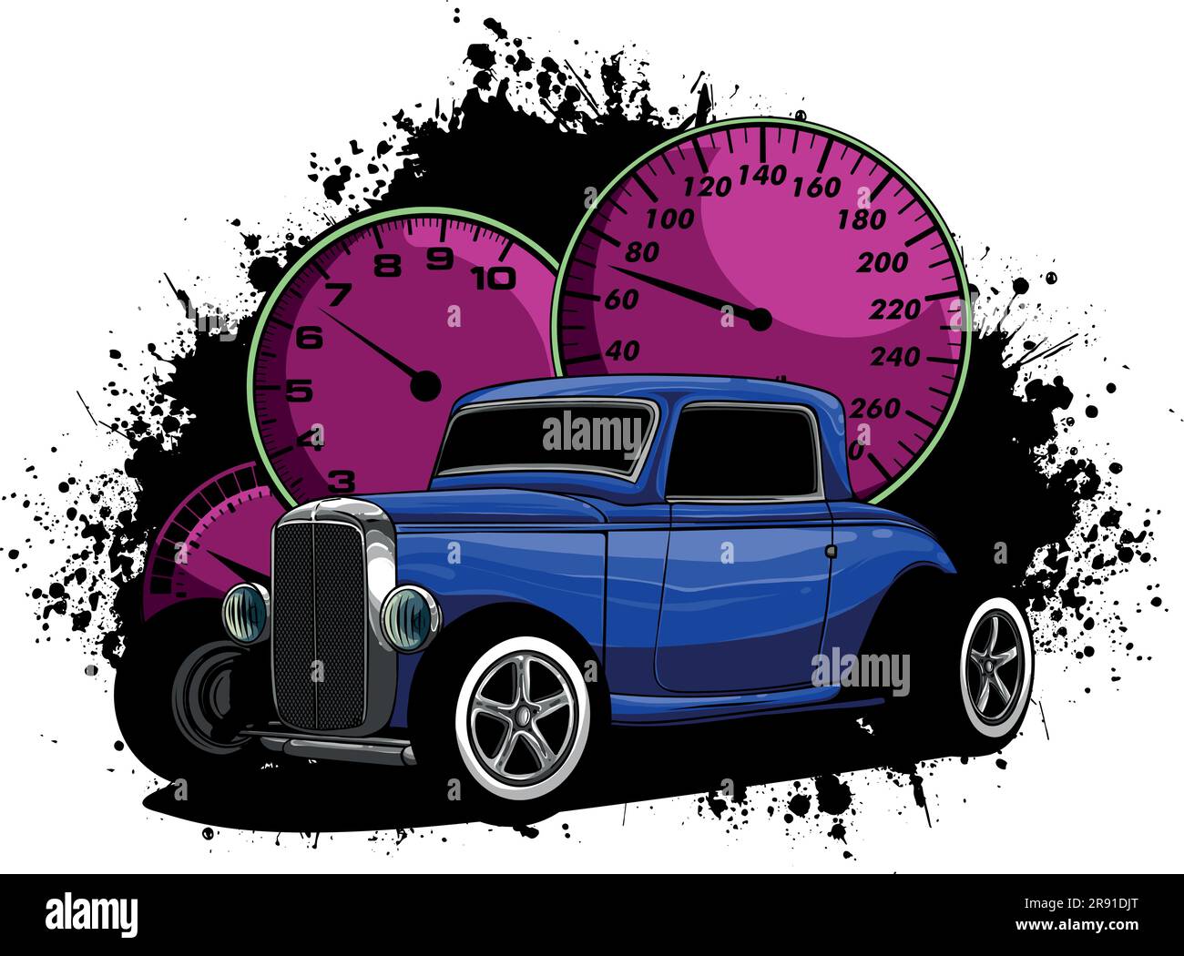 Illustrazione vettoriale di Vintage Hot Rod con cruscotto Illustrazione Vettoriale