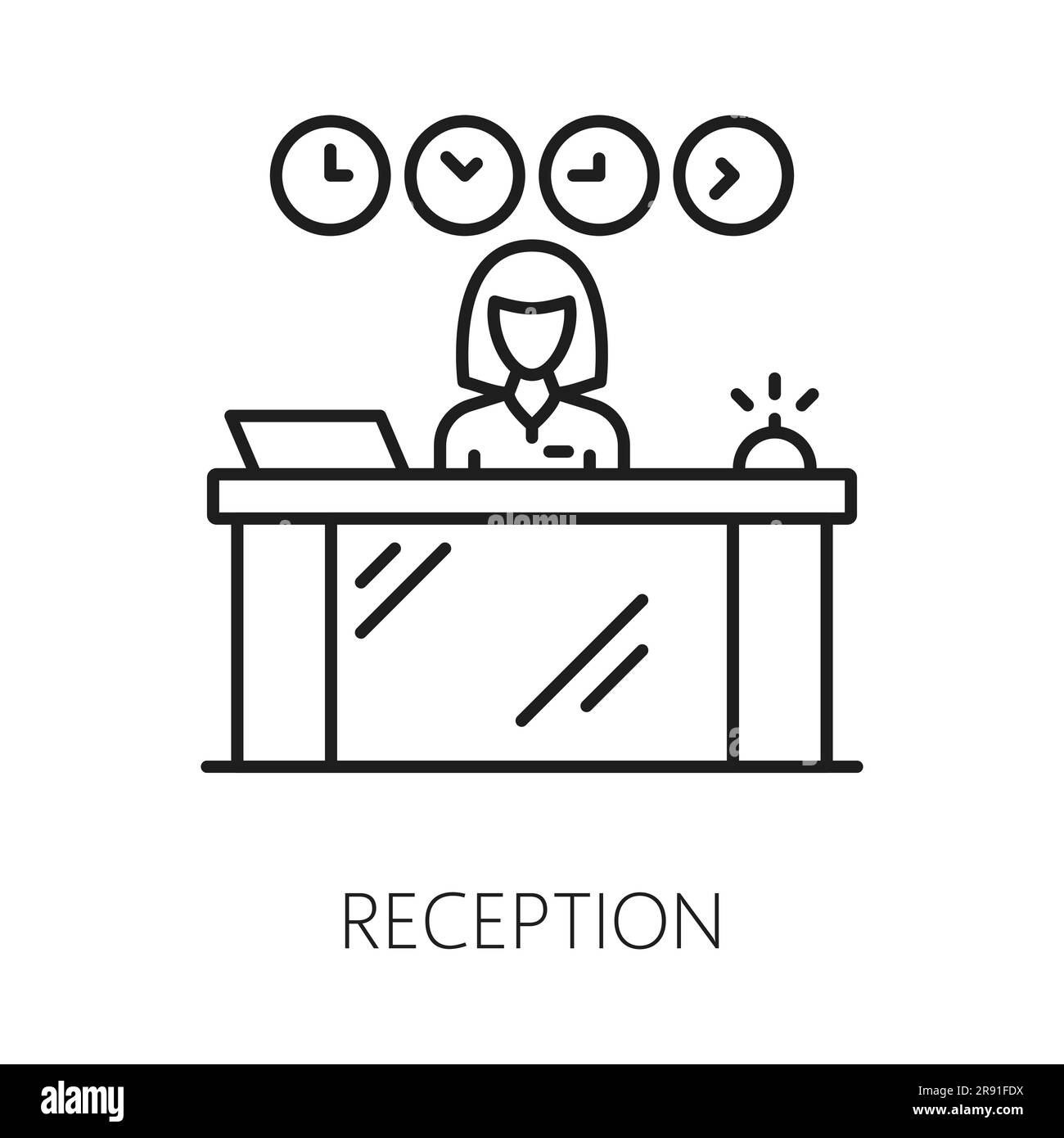 Icona del banco della reception, servizio clienti dell'hotel, simbolo della linea sottile. Reception vettoriale al banco, portiere alla cassa che effettua il check-in o il check-out Illustrazione Vettoriale