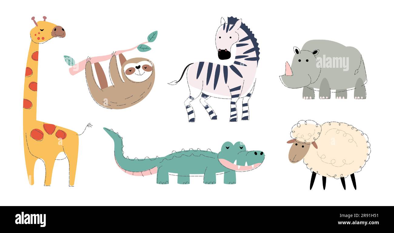 Animali selvatici Set 4 . Disegno a forma piatta e linea a matita . Vettore . Illustrazione Vettoriale