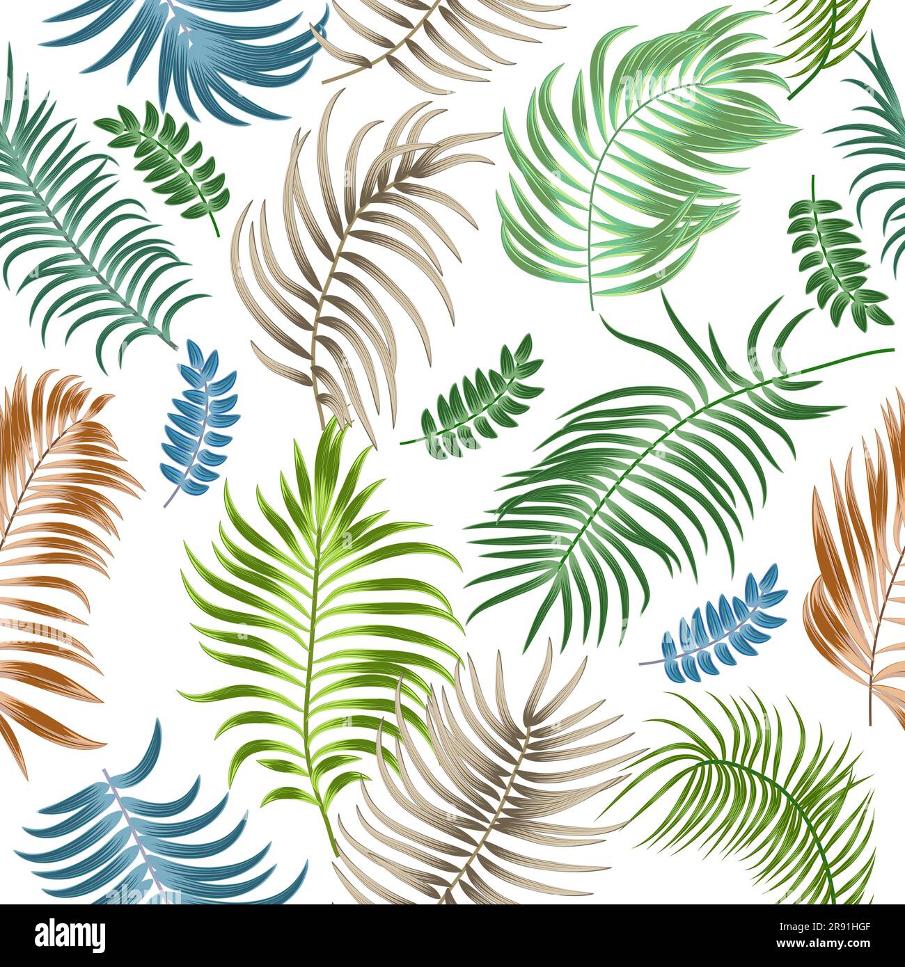 Motivo senza cuciture con foglie tropicali di palma su sfondo bianco. Sfondo vettore botanico, sfondo giungla. Illustrazione Vettoriale
