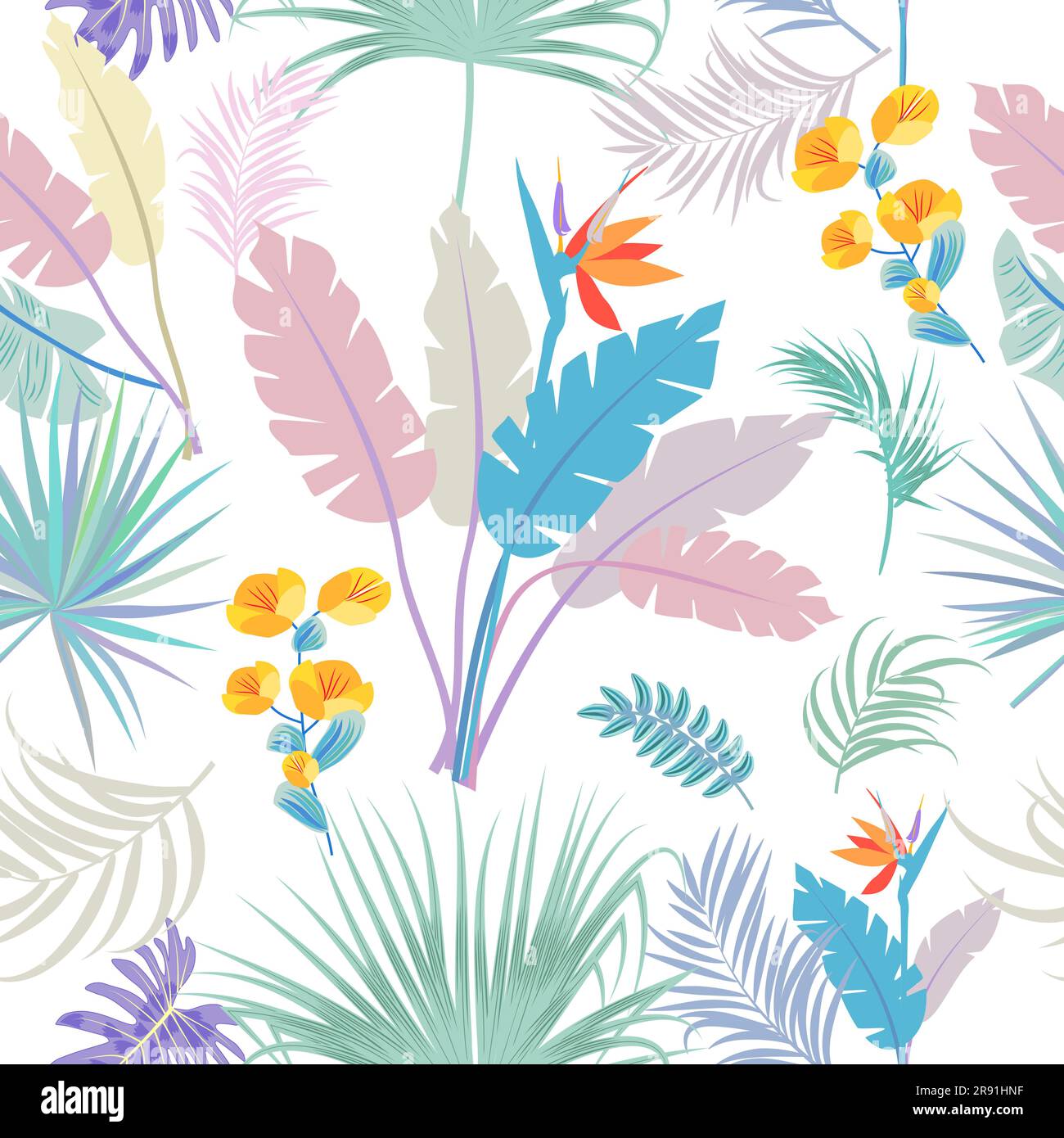 Motivo senza cuciture con foglie tropicali multicolori di palma su sfondo bianco. Sfondo vettore botanico, sfondo giungla. Illustrazione Vettoriale