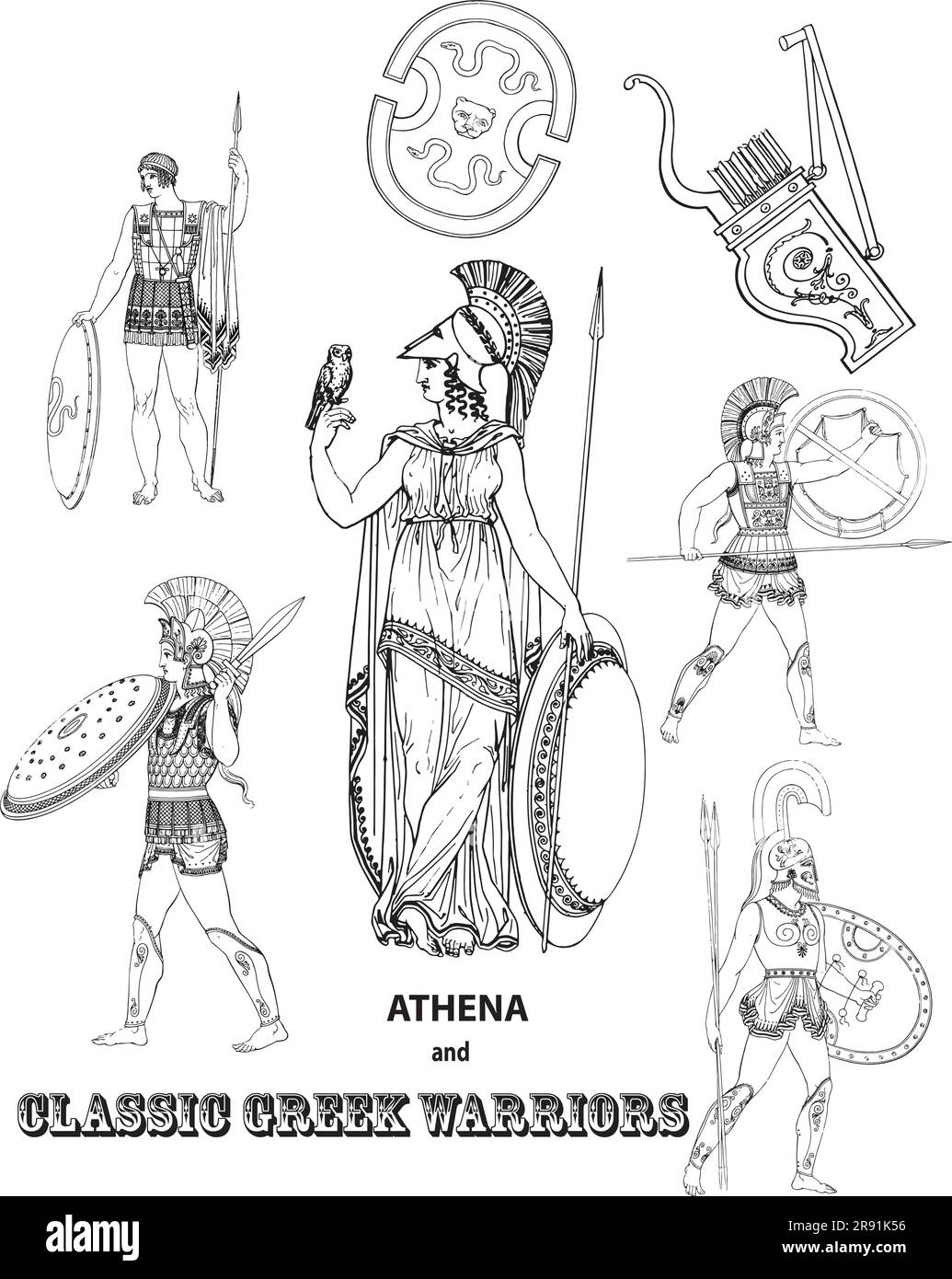 Disegni in bianco e nero di guerrieri greci classici che circondano Athena. Illustrazione Vettoriale