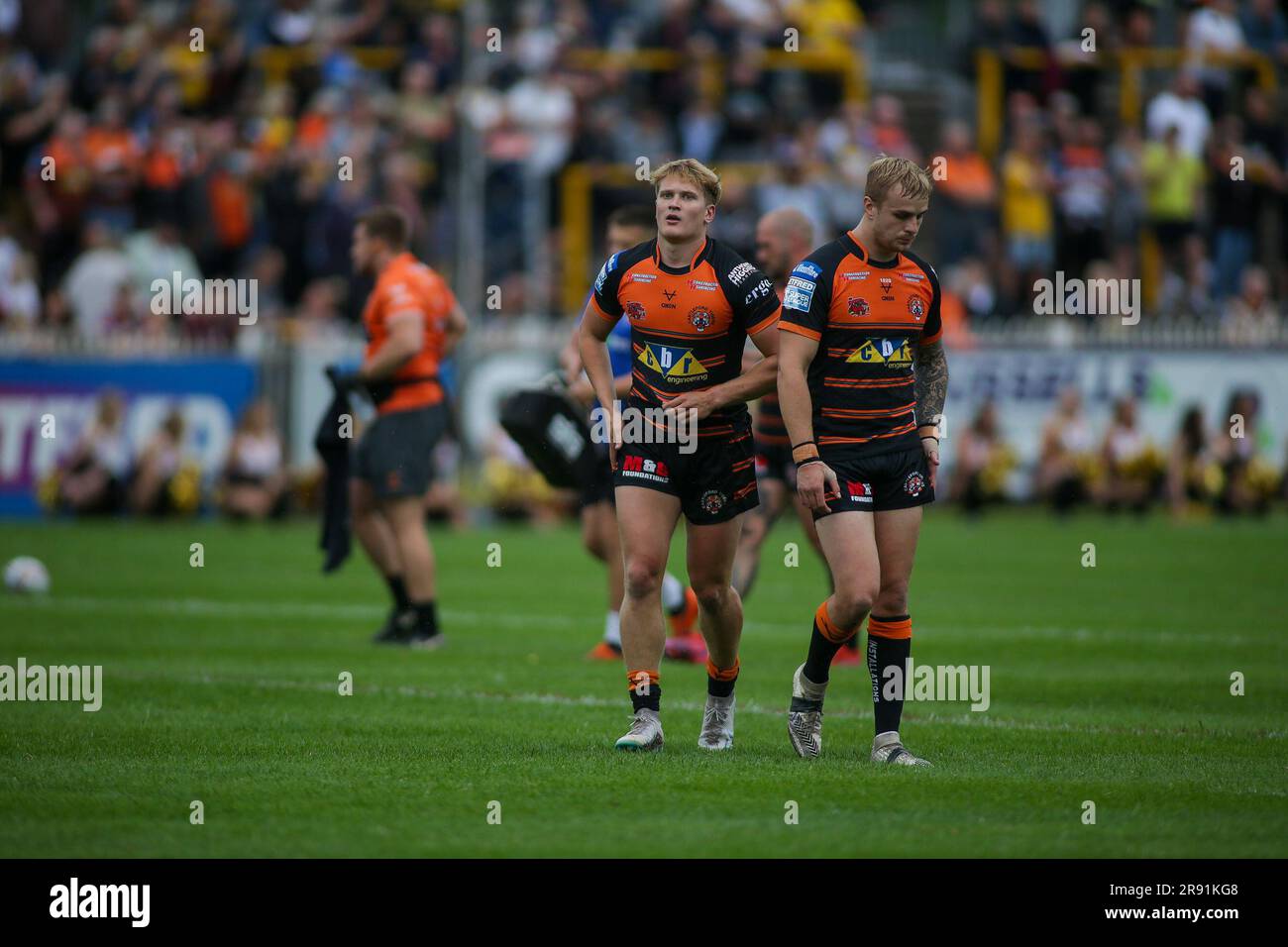 Castleford, Regno Unito. 23 giugno 2023. Will Tate Castleford meta segnatore *** durante la partita Betfred Super League tra Castleford e Warrington Wolves al mend-A-hose Jungle, Castleford, Regno Unito, il 23 giugno 2023. Foto di Simon Hall. Solo per uso editoriale, licenza necessaria per uso commerciale. Nessun utilizzo in scommesse, giochi o pubblicazioni di un singolo club/campionato/giocatore. Credito: UK Sports Pics Ltd/Alamy Live News Foto Stock