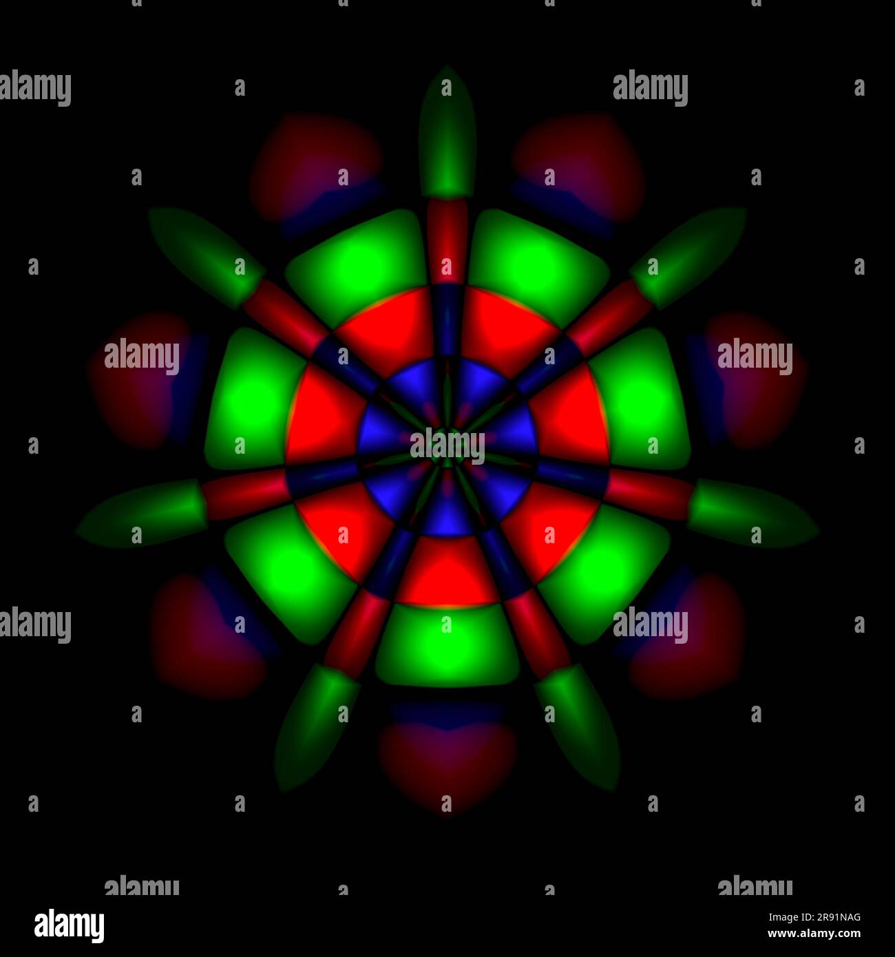 Ispirato al caleidoscopio, questo astratto è stato creato dipingendo digitalmente cerchi concentrici di colori primari e applicando poi un mirino frazionario Foto Stock