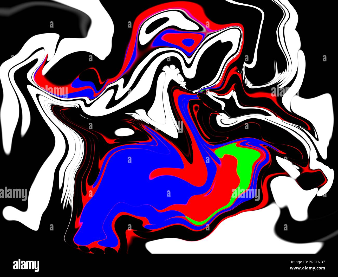 Un astratto creato dipingendo cerchi solidi dei colori primari di rosso, blu, verde e bianco, con uno sfondo nero e poi liquidandoli Foto Stock