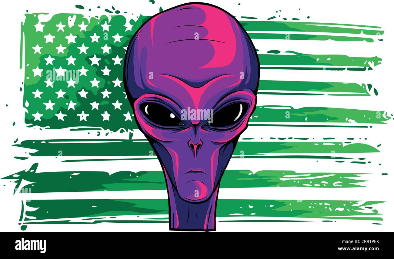 illustrazione vettoriale della faccia della testa aliena con bandiera americana Illustrazione Vettoriale