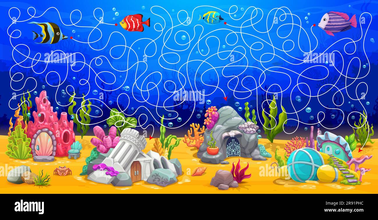 Labirinto labirinto, cartone animato edifici sottomarini nel paesaggio marino, foglio di lavoro per bambini vettoriali. Trova il percorso per i pesci verso i ripari dell'oceano o delle case di mare nei coralli o in barca nel labirinto puzzle Illustrazione Vettoriale