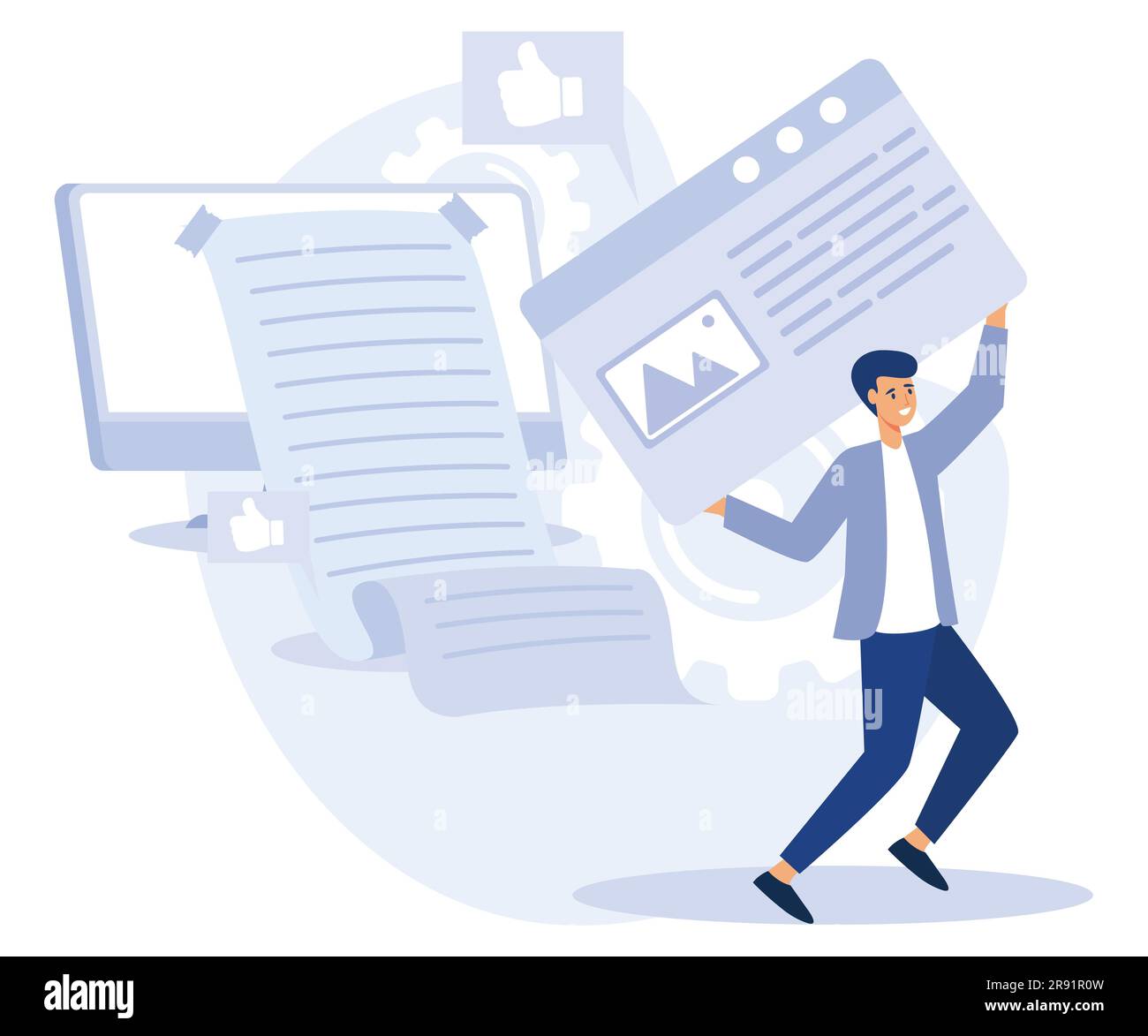 Azienda ultime notizie concetto, stampa pagina web, termini e dizionario, Chi siamo, landing page, aggiornamenti, promozione, disegno vettoriale piatto moderno Illustrazione Vettoriale