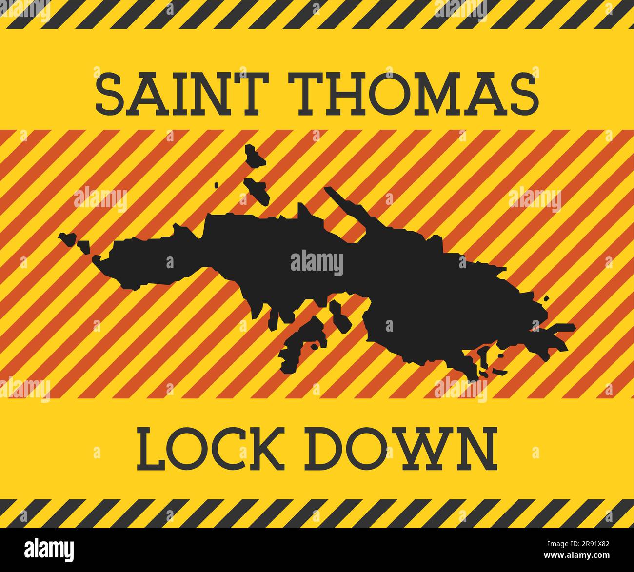 Cartello Saint Thomas Lock Down. Icona gialla di pericolo pandemico dell'isola. Illustrazione vettoriale. Illustrazione Vettoriale