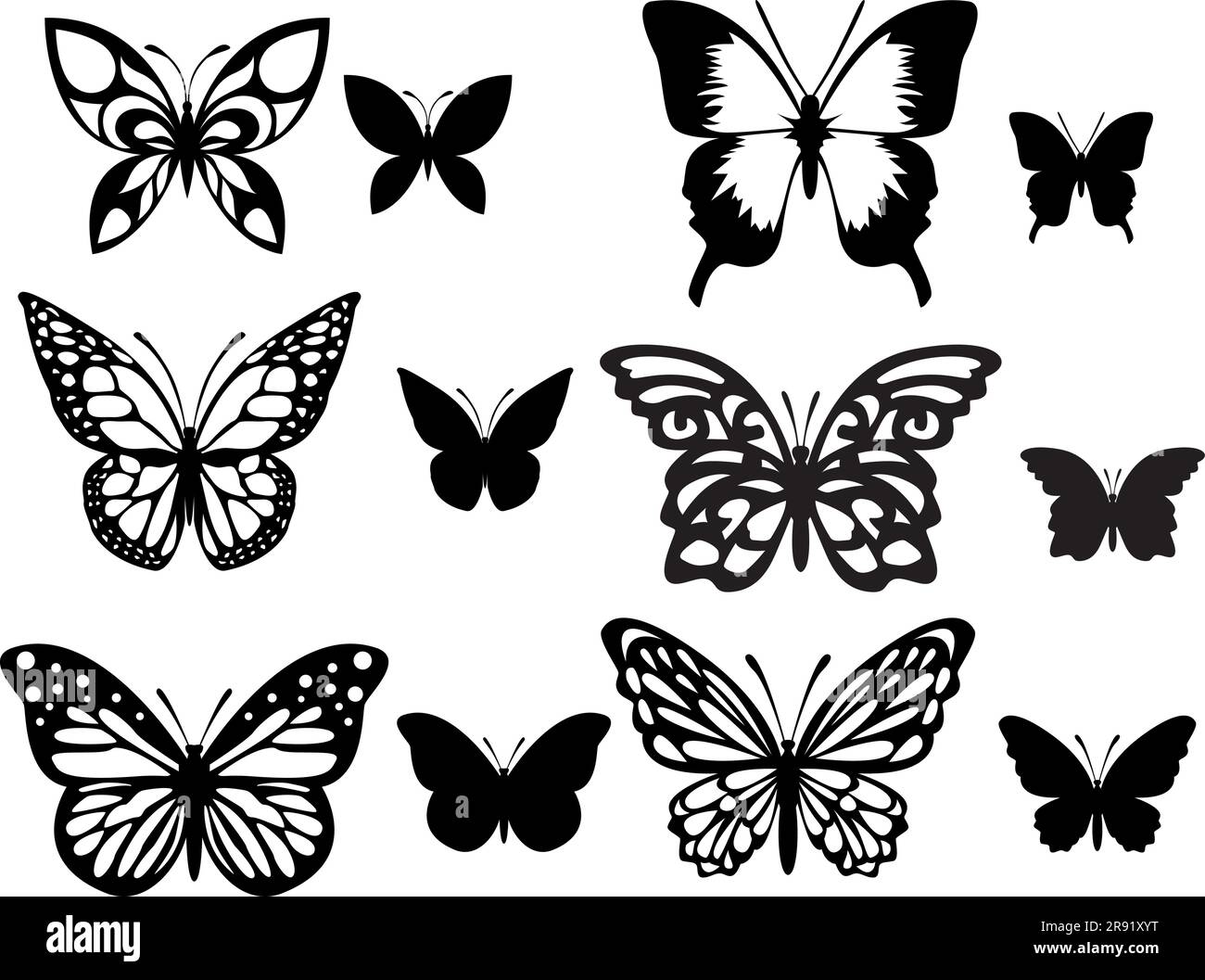 Immagini nere di farfalle divertenti. Farfalla di insetti, splendido animale alato Illustrazione Vettoriale