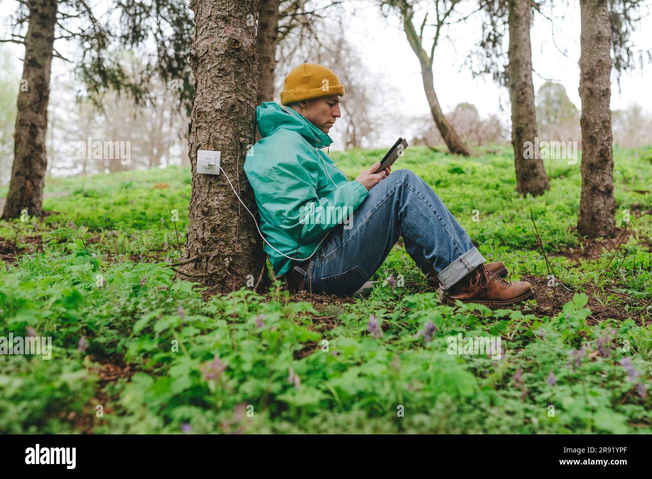 Uomo che utilizza un tablet PC collegato alla presa sul tronco dell'albero Foto Stock