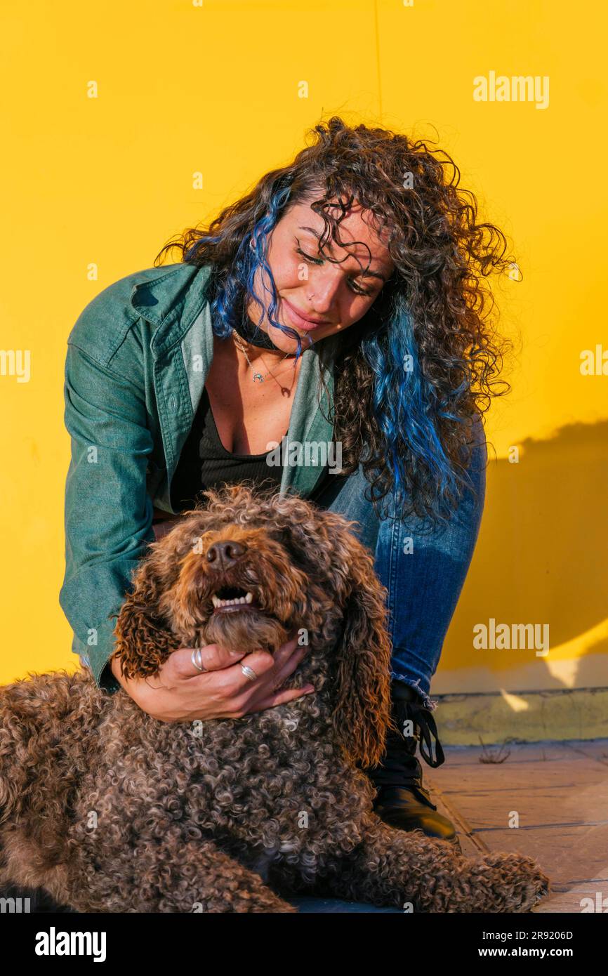 Donna con i capelli ricci accarezzando cane d'acqua davanti al muro giallo Foto Stock