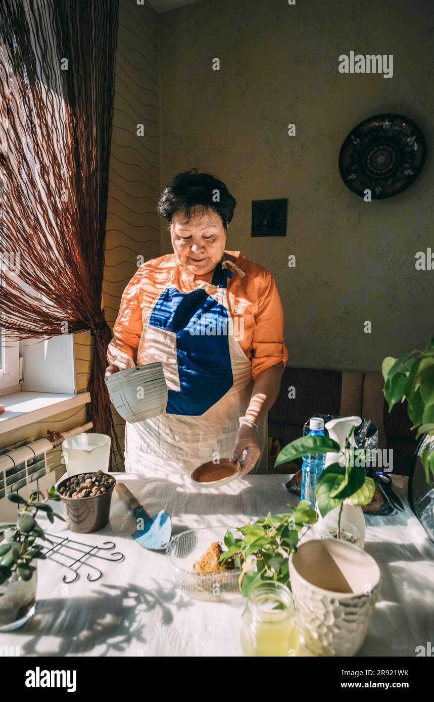 Donna anziana che tiene vaso da fiori che si prepara per la piantagione Foto Stock