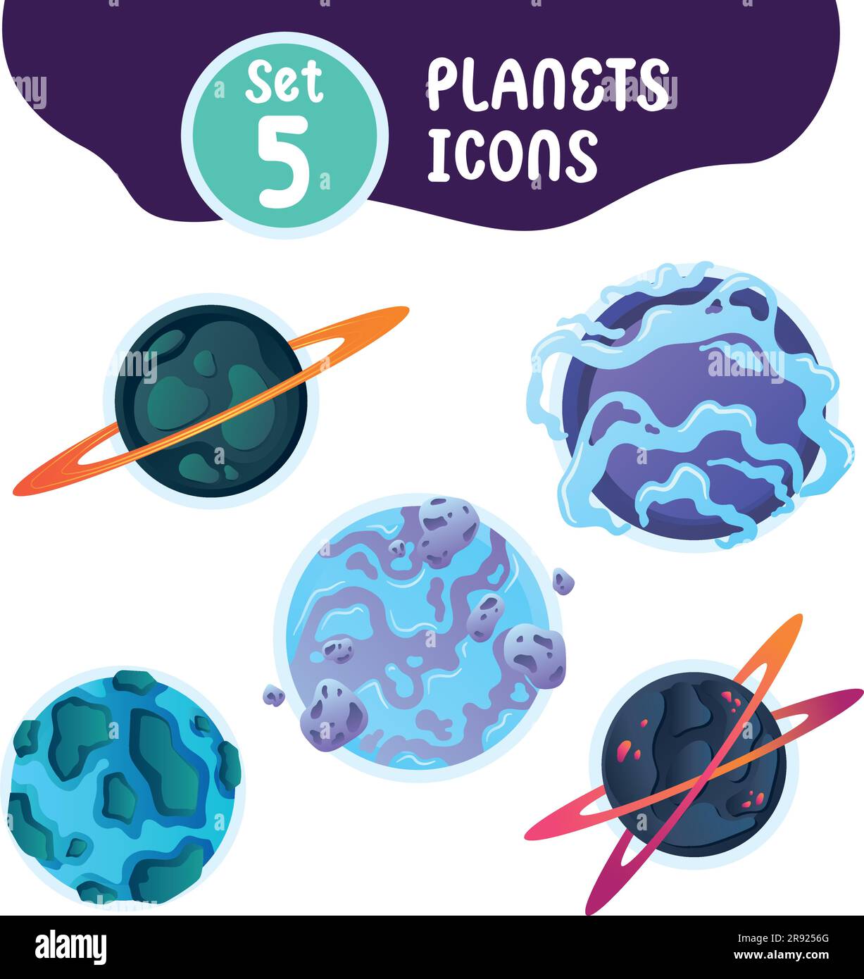 Set di icone di pianeta fantascientifico di colori diversi Vector Illustrazione Vettoriale