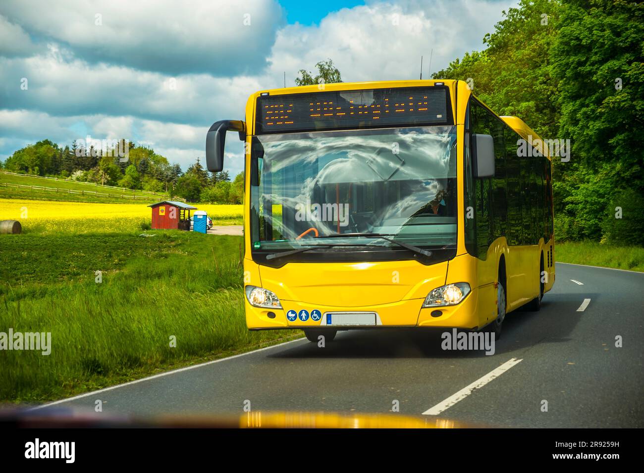 Autobus giallo che si muove su strada vicino all'erba Foto Stock
