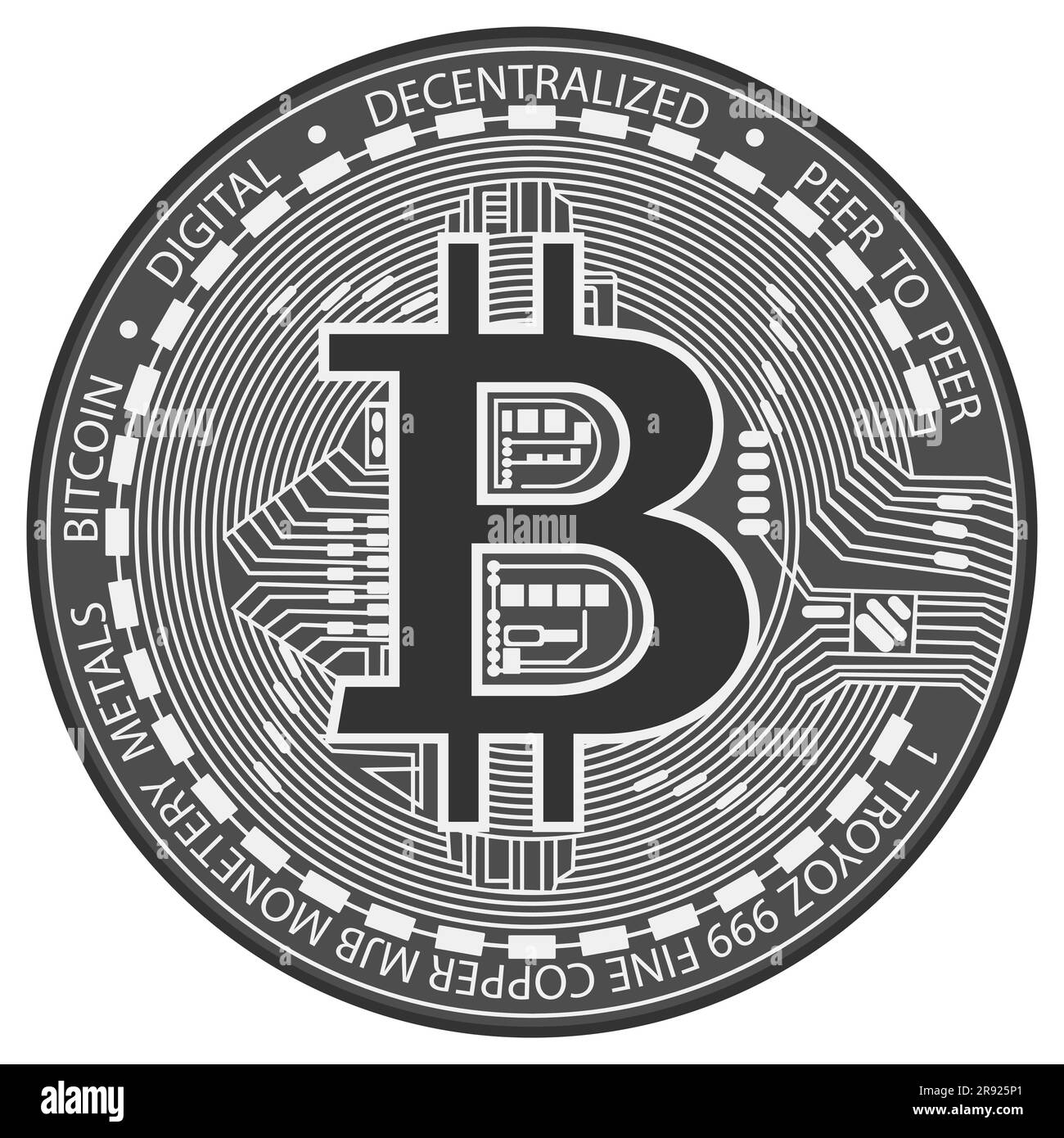 Silver Bitcoin. Simbolo del denaro finanziario dell'elettronica. Moneta da criptovaluta d'oro. Illustrazione vettoriale piatta isolata su sfondo bianco Illustrazione Vettoriale