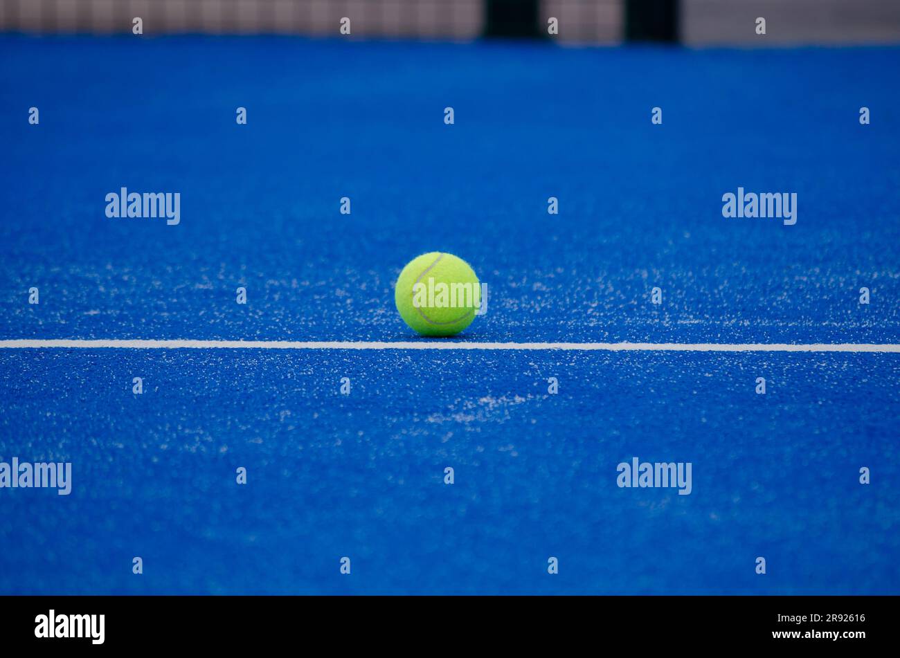 paddle tennis ball sulla linea di un campo da paddle tennis blu, concetto di sport racket Foto Stock