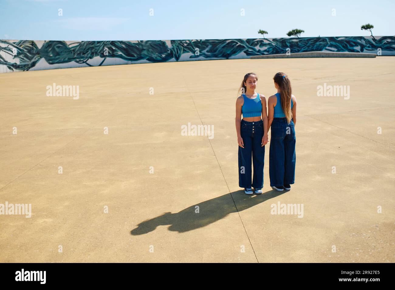 Sorelle in piedi insieme nel parco per skateboard Foto Stock