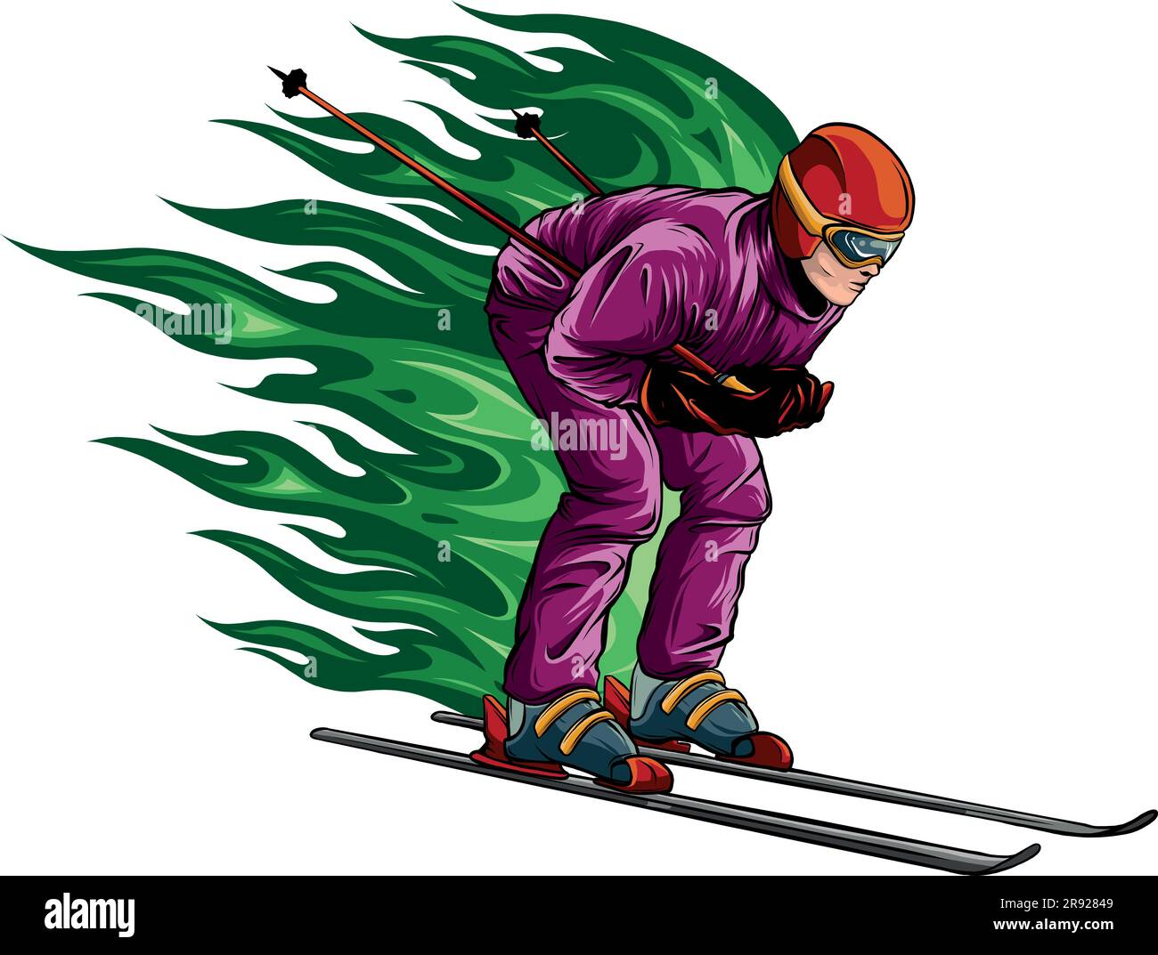 illustrazione vettoriale dello sciatore con disegno di fiamme Illustrazione Vettoriale