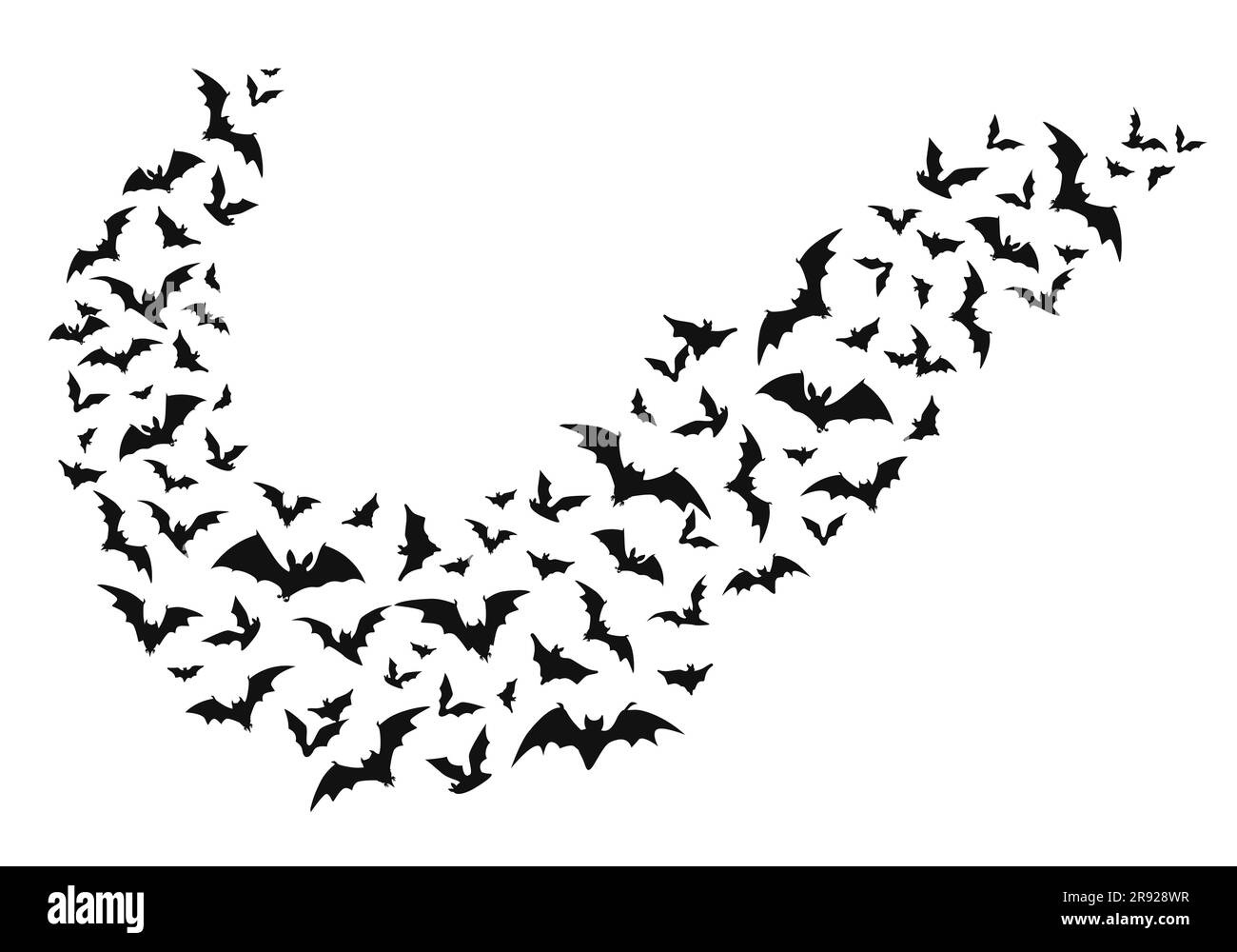 Pipistrelli volanti di Halloween, sciame alato vettoriale isolato di animali vampiri, onde curve volano su sfondo bianco. I pipistrelli spaventosi si stagliano sagome nere, gli spettrali creature della fauna, un elemento grafico di design a flusso di gruppo Illustrazione Vettoriale