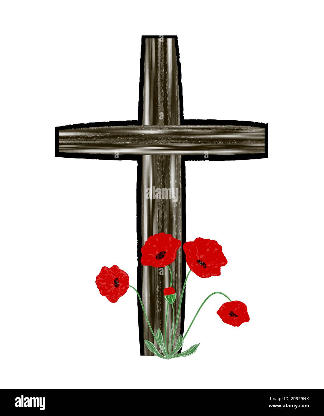 Lapide del cimitero con papaveri. Croce nera elemento di design testurizzato Grunge illustrazione vettoriale per il giorno della memoria, Anzac Day Illustrazione Vettoriale