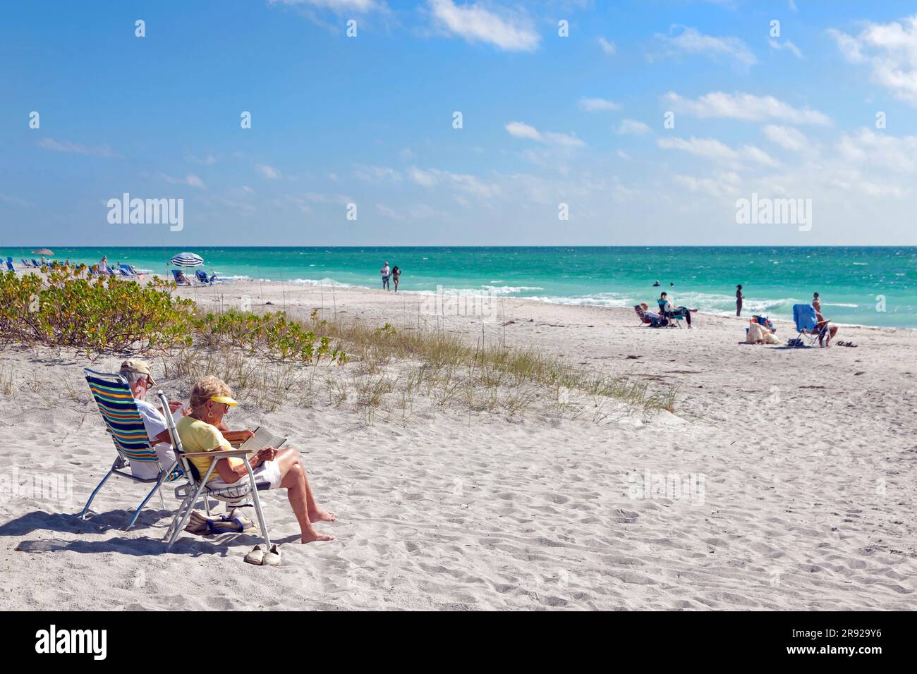 Coppia anziana in pensione che legge sulla spiaggia di Siesta Key, Sarasota, nella costa occidentale o del Golfo della Florida, Stati Uniti. Foto Stock
