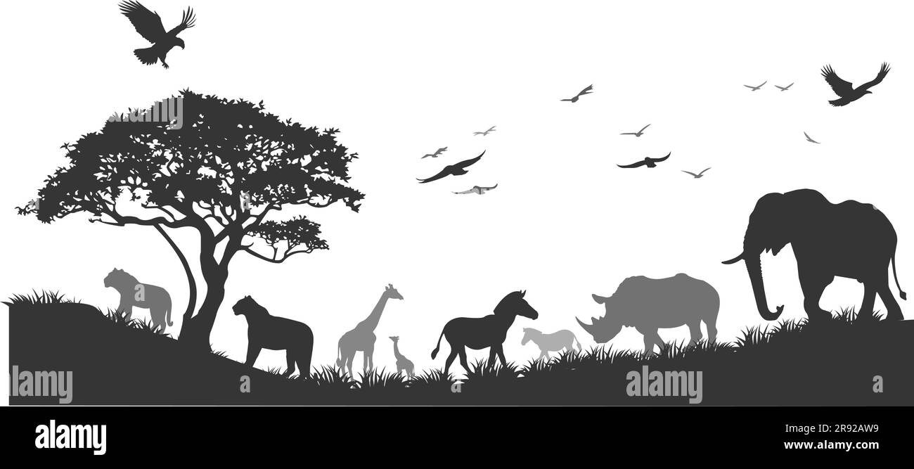 savana africana tropicale vettoriale senza saldatura orizzontale con leoni, elefanti, zebre, rinoceronti, travi, avvoltoio, airone, iena e gru coronata. Illustrazione Vettoriale