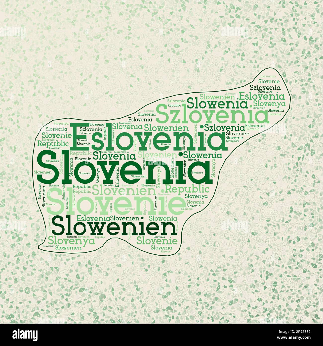 Forma della Slovenia con nomi di paese parola nuvola in più lingue. Mappa di confine con la Slovenia su triangoli attraenti sparsi intorno. Illustrazione Vettoriale