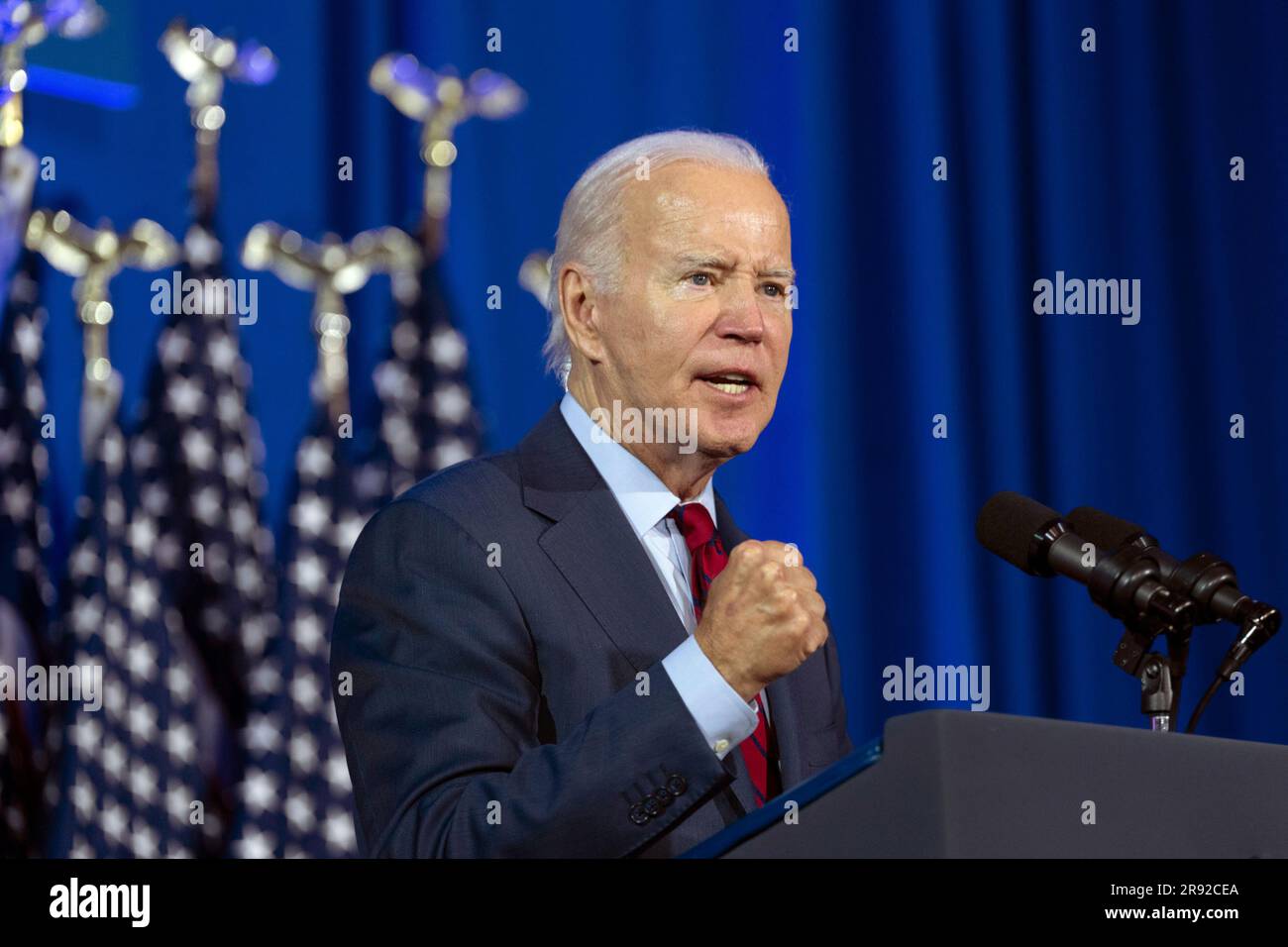 Washington, Stati Uniti. 23 giugno 2023. Il presidente Joe Biden fa osservazioni in occasione di un evento politico tenuto da gruppi pro Choice a Washington, DC, venerdì 23 giugno 2023. Foto di Chris Kleponis/UPI Credit: UPI/Alamy Live News Foto Stock