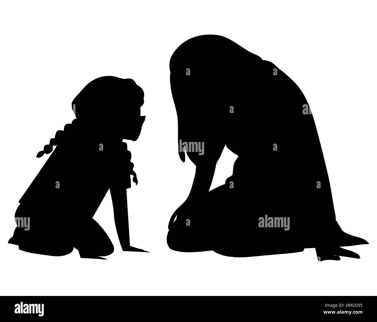 Silhouette nera di una bambina che conforta la sua mamma depressa e triste, una brava figlia, bambini che affrontano un genitore, vettore isolato su bianco Illustrazione Vettoriale