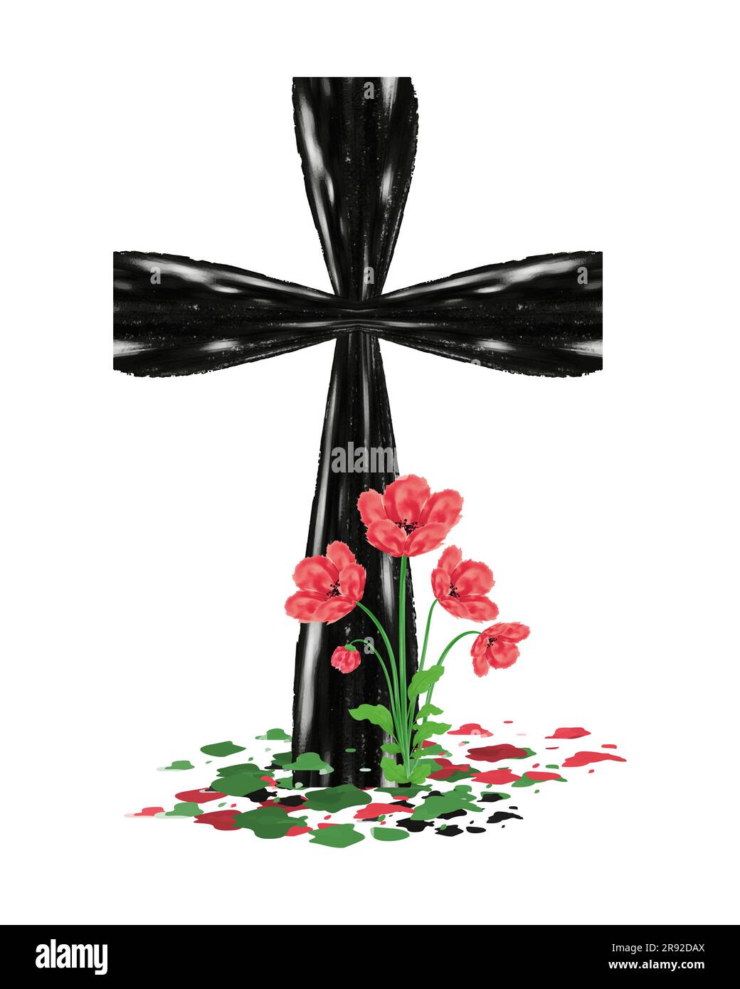 Lapide con fiori di papavero Croce nera e papavero disegno elemento di acquerello illustrazione vettoriale per il giorno della memoria, giorno dell'Anzac isolato sul retro bianco Illustrazione Vettoriale
