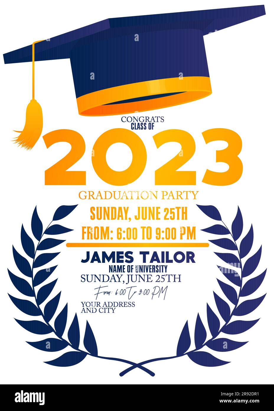 Festa in onore della classe di 2023 laureati. Scheda di invito per il disegno vettoriale per il modello per laureati. Evento di laurea, saluto, annuario Illustrazione Vettoriale