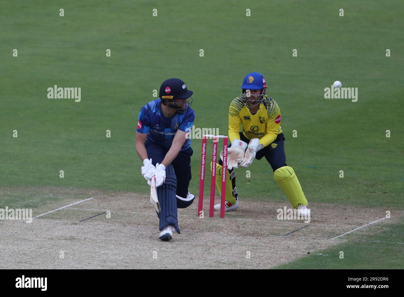 Chester le Street, Regno Unito. 23 giugno 2023. Il Dawid Malan dello Yorkshire si svolge durante il Vitality T20 Blast Match tra il Durham County Cricket Club e lo Yorkshire County Cricket Club presso il Seat Unique Riverside, Chester le Street venerdì 23 giugno 2023. (Foto: Mark Fletcher | mi News) crediti: MI News & Sport /Alamy Live News Foto Stock