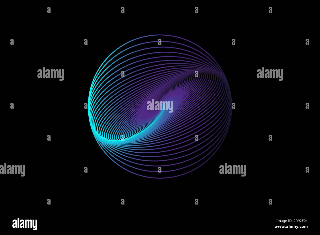 Design sferico 3D, elegante logo cerchio luminoso. Tunnel al neon astratto. Linee attorcigliate. Spectrum Space tunnel in colori vivaci blu e viola. Segno vettoriale Illustrazione Vettoriale
