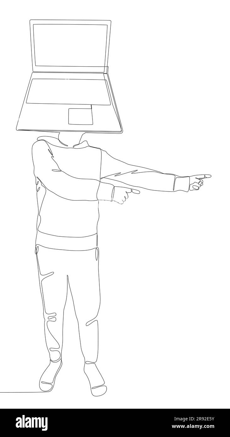 Una linea continua di uomini con la testa del notebook che punta con il dito. Concetto vettoriale illustrazione a linee sottili. Idee creative per disegnare contorni. Illustrazione Vettoriale