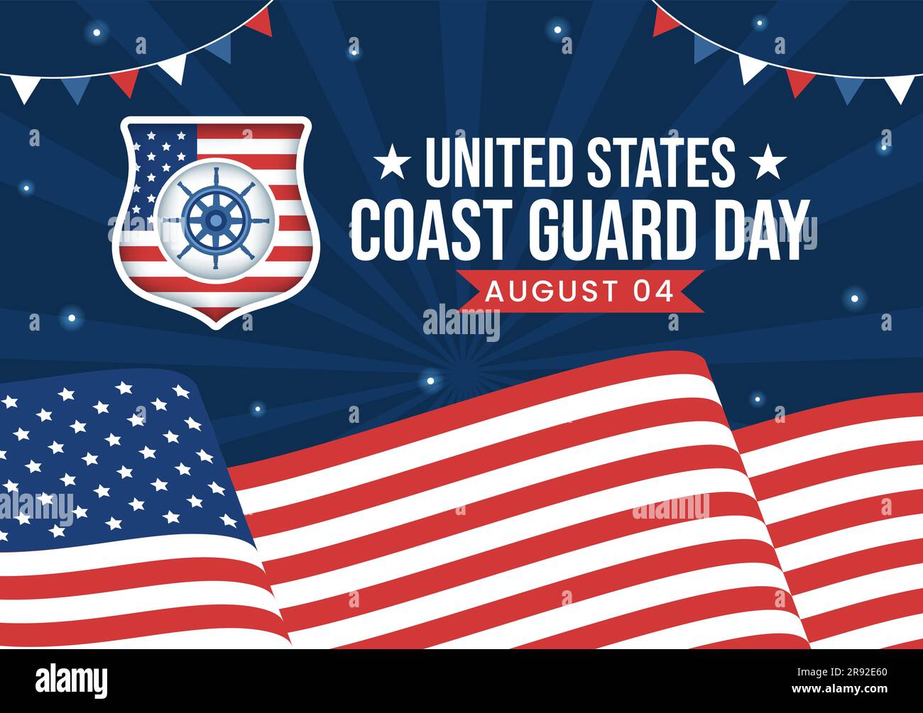 Illustrazione vettoriale del giorno della Guardia Costiera degli Stati Uniti il 4 agosto con la bandiera americana e lo sfondo della nave in modelli disegnati a mano di un cartone animato piatto Illustrazione Vettoriale