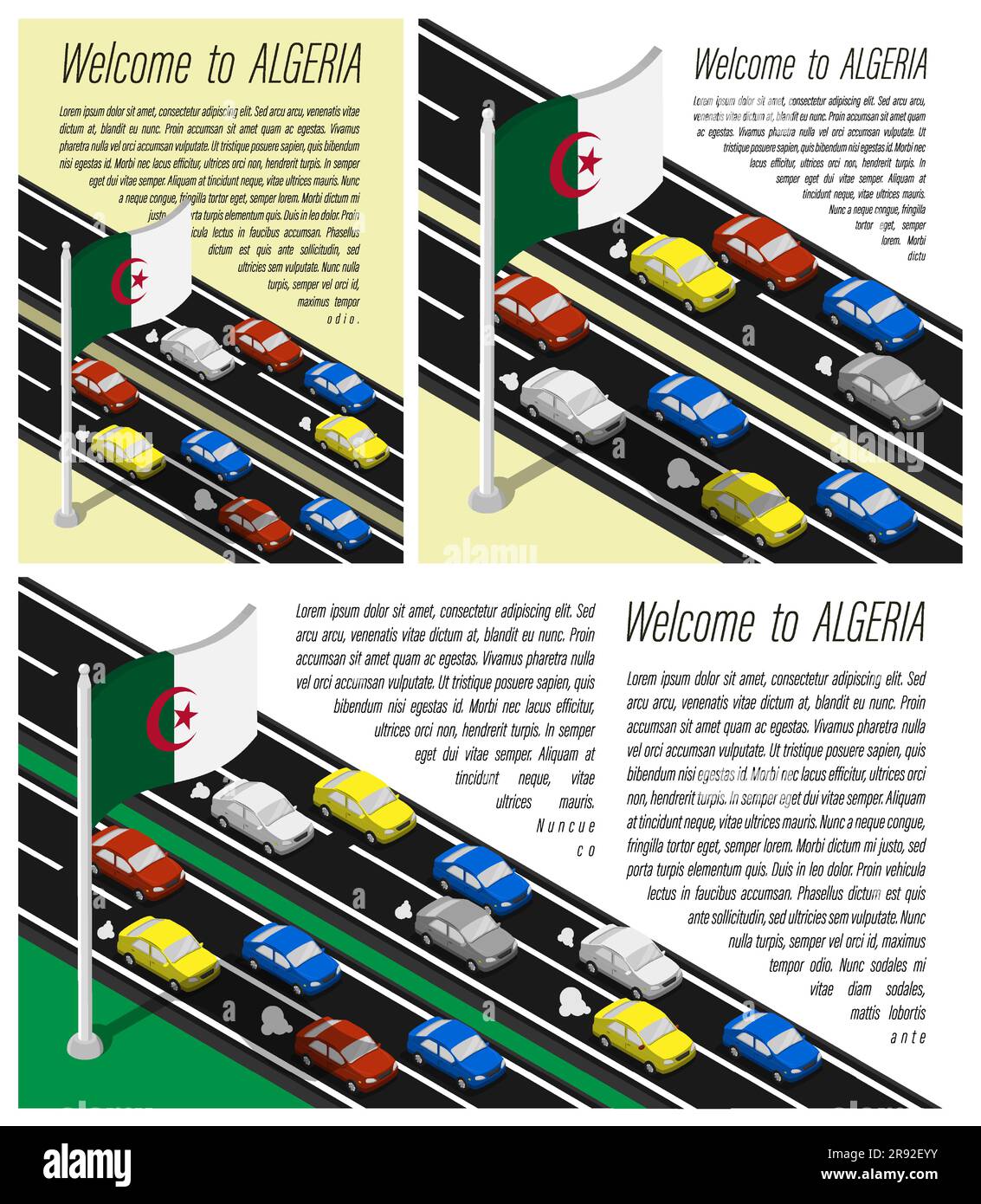 Bandiera isometrica dell'Algeria su flagpole che fluttua nel vento. Attraversamento del confine con l'Algeria in auto. Serie di informazioni orizzontali, quadrate e. Illustrazione Vettoriale