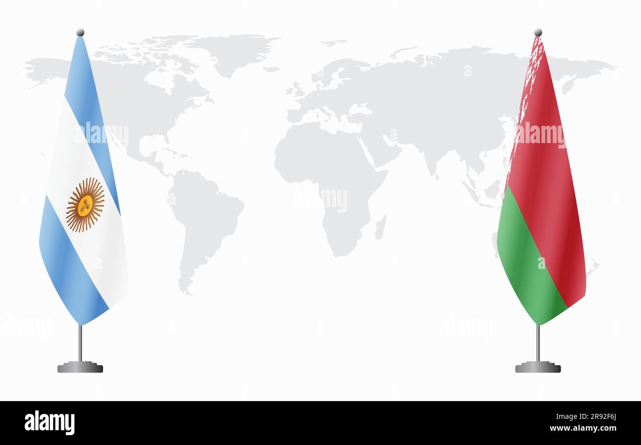 Bandiere argentine e bielorusse per incontri ufficiali sullo sfondo della mappa mondiale. Illustrazione Vettoriale