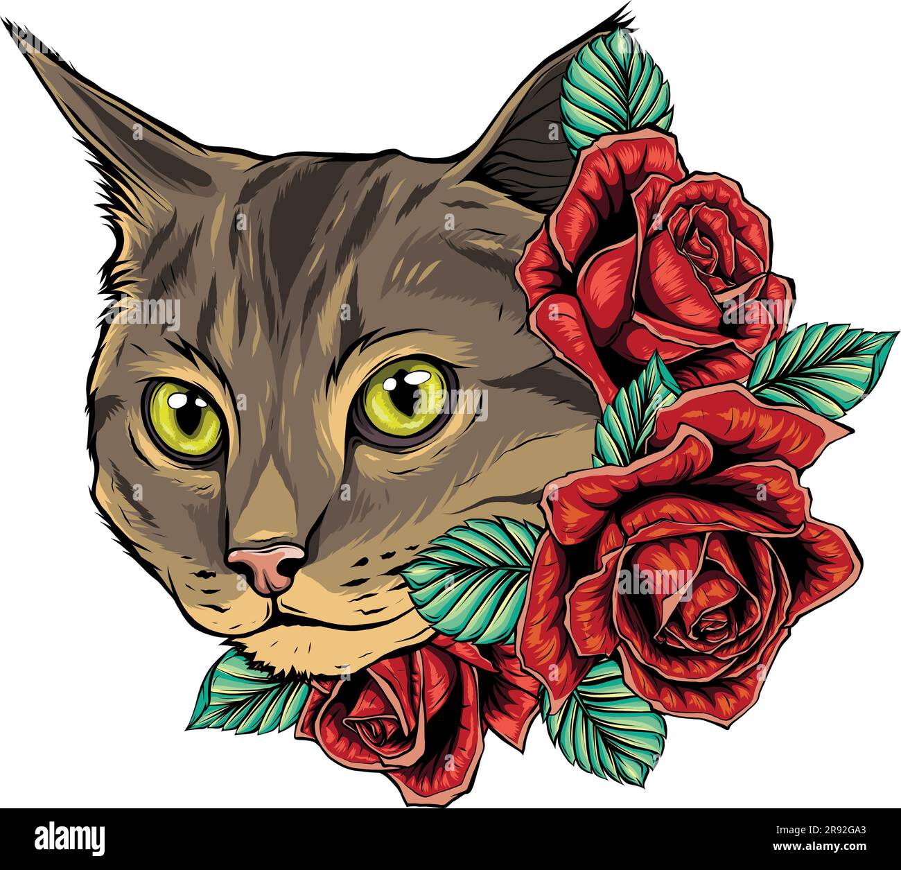 illustrazione vettoriale della testa di gatto con rose Illustrazione Vettoriale
