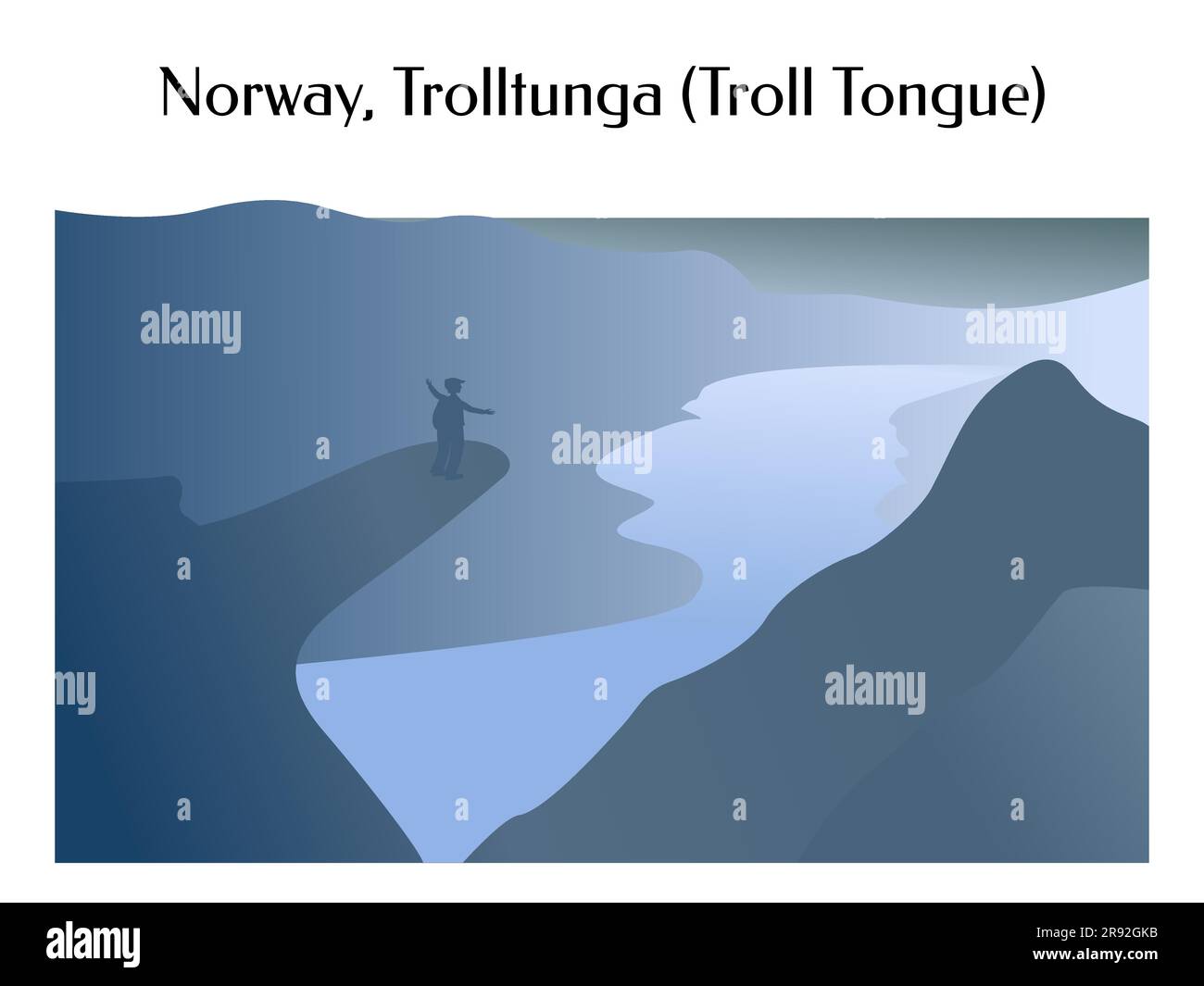 Tracolla dalla silhouette. Natura della Norvegia. L'escursionista con le braccia allungate si trova sul monte Trolltunga. Copia spazio. Illustrazione vettoriale. Isola Illustrazione Vettoriale