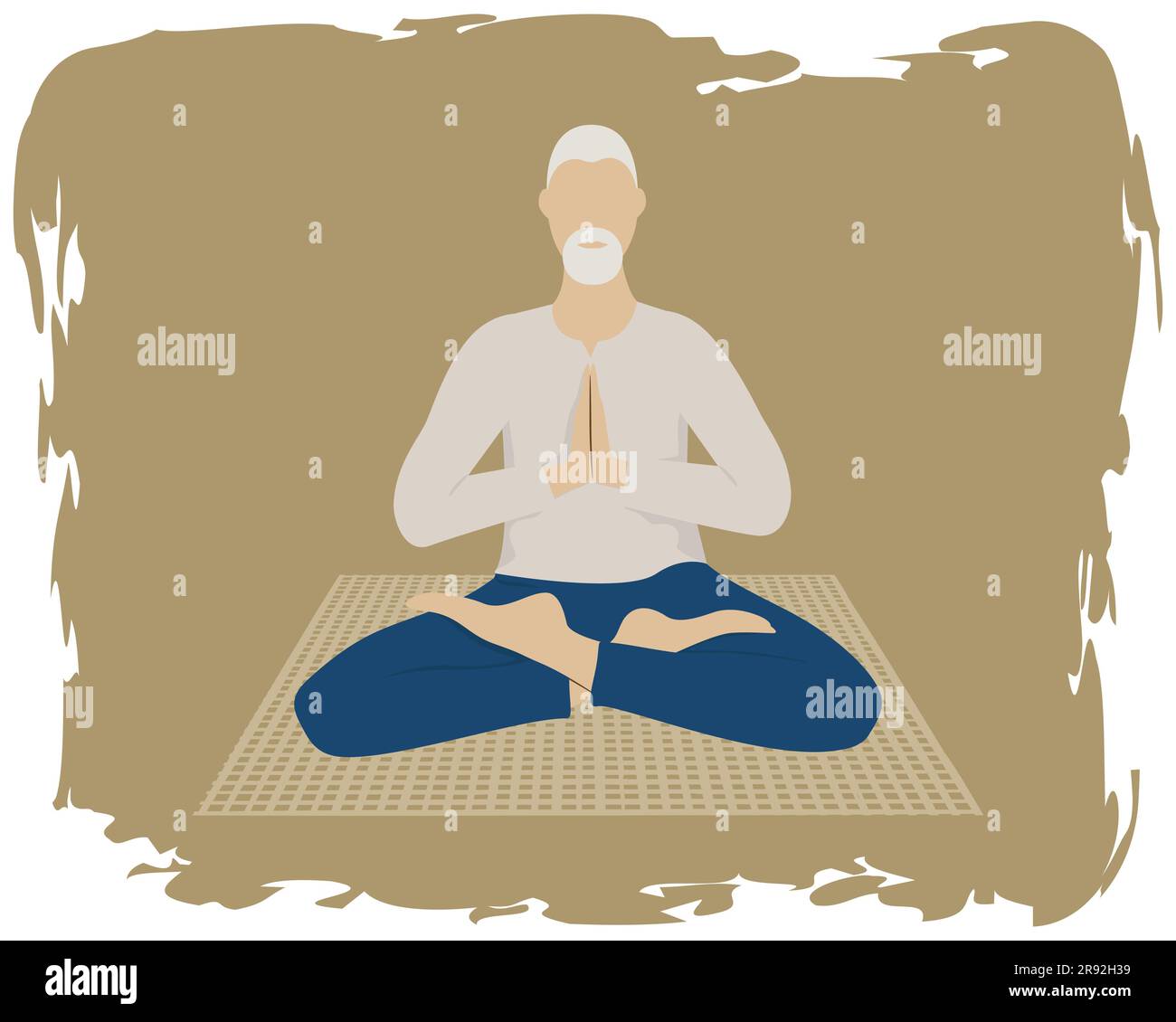 Uomo anziano che pratica lotus asana. Banner yoga studio. Spazio di copia illustrazione vettore orizzontale Illustrazione Vettoriale