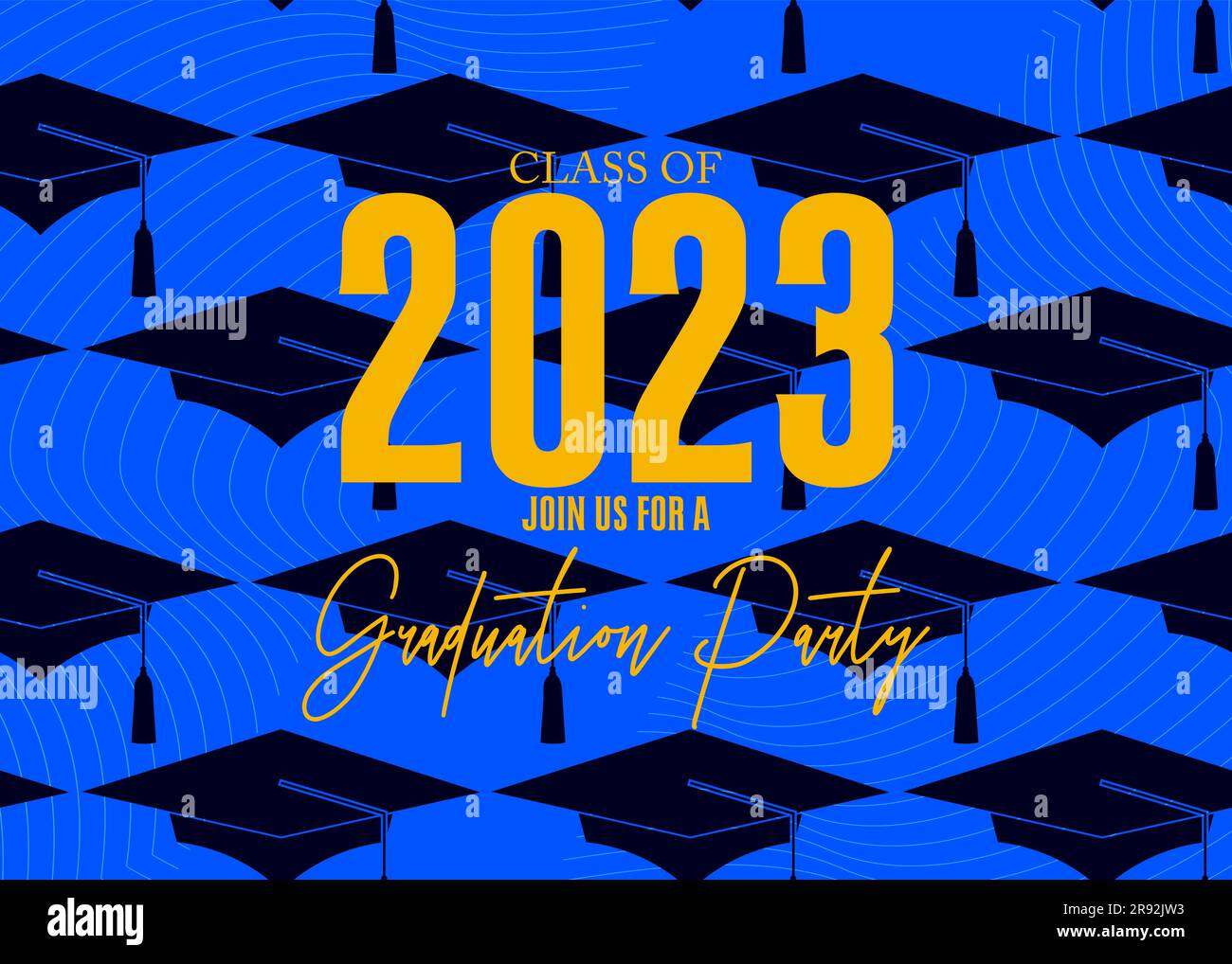 Festa in onore della classe di 2023 laureati. Scheda di invito per il disegno vettoriale per il modello per laureati. Evento di laurea, saluto, annuario Illustrazione Vettoriale