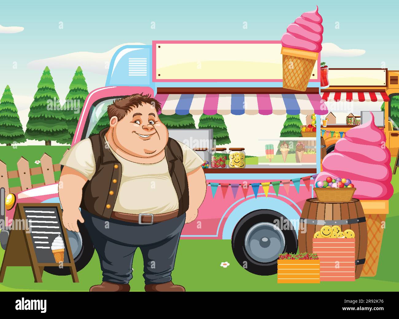 Uomo in sovrappeso davanti all'illustrazione del camion dei gelati Illustrazione Vettoriale
