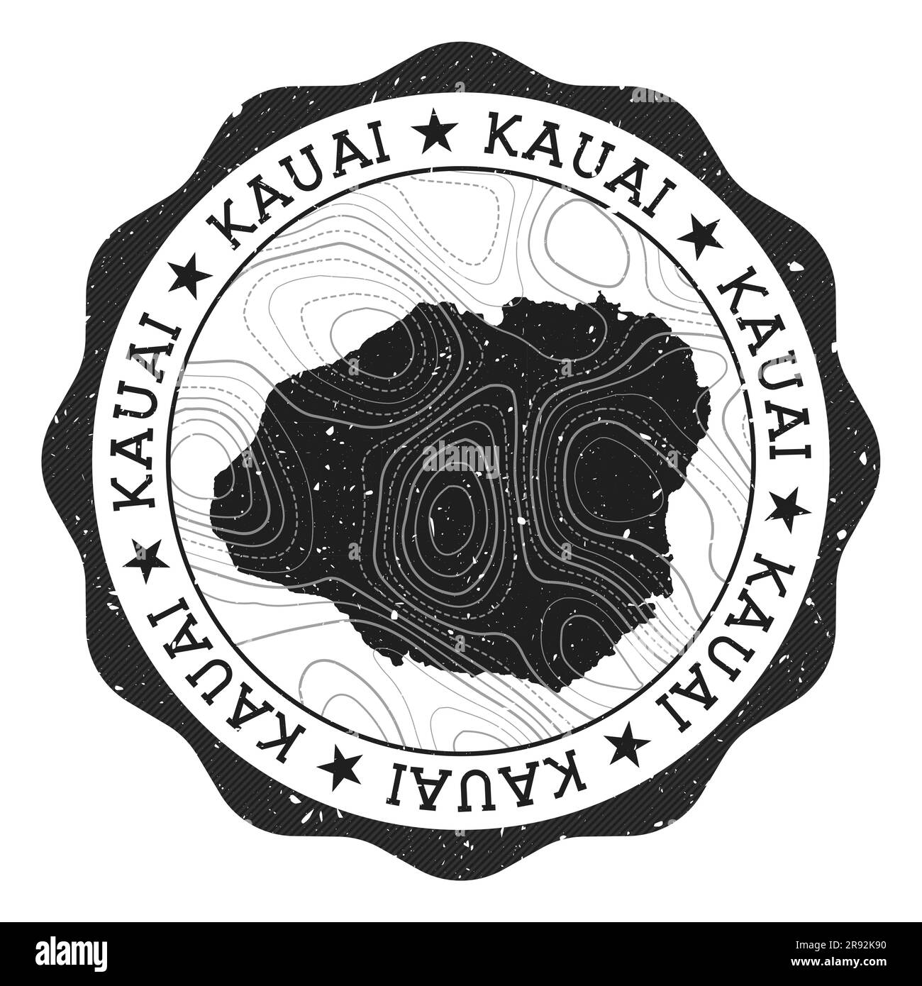 Francobollo per esterni Kauai. Adesivo rotondo con mappa dell'isola con isoline topografiche. Illustrazione vettoriale. Illustrazione Vettoriale