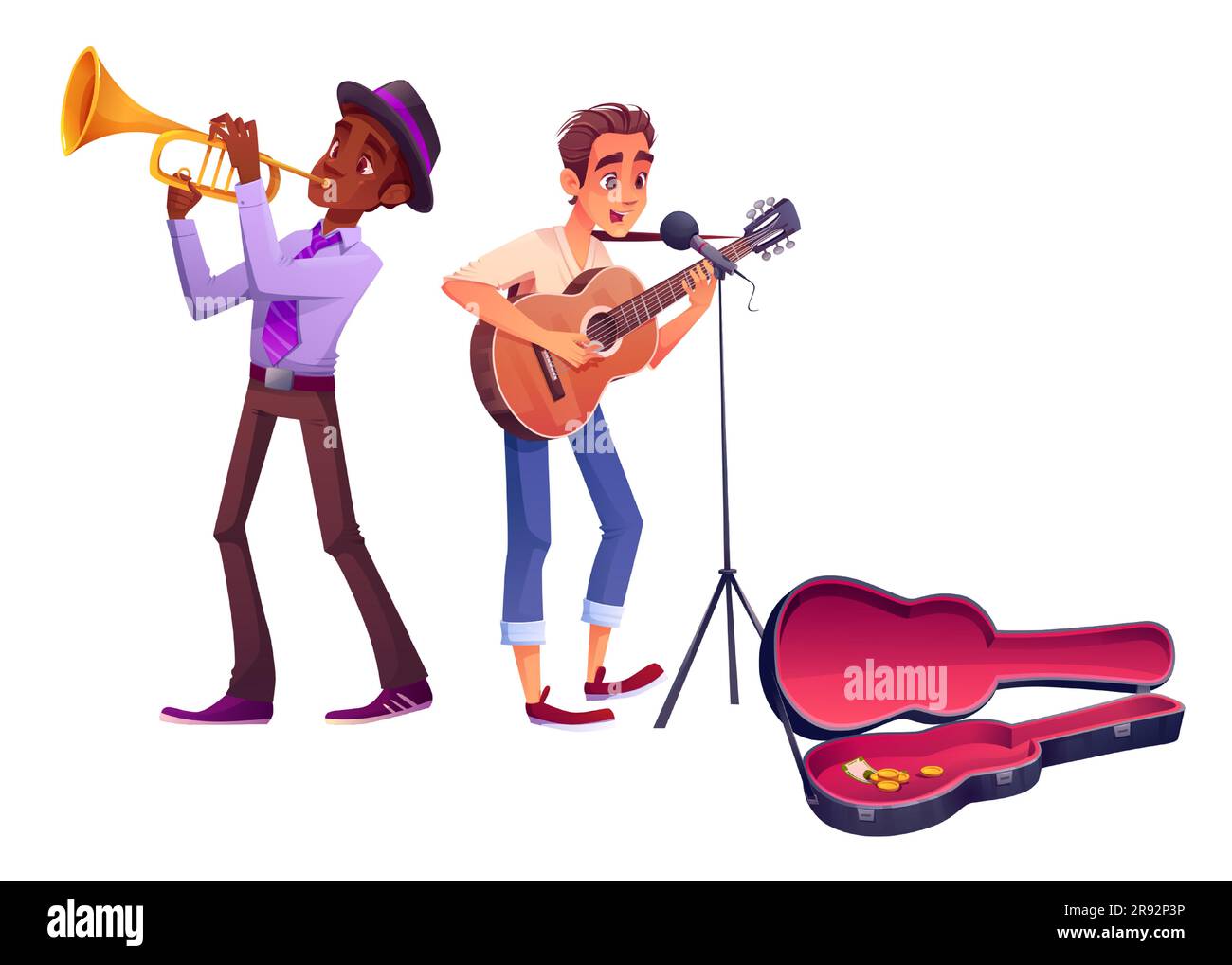 Personaggio di gente musicista di strada felice con chitarra e sassofono illustrazione isolata. Strumento musicale e artista nero nella banda d'orchestra. Chitarrista che suona un concerto dal vivo per soldi Illustrazione Vettoriale